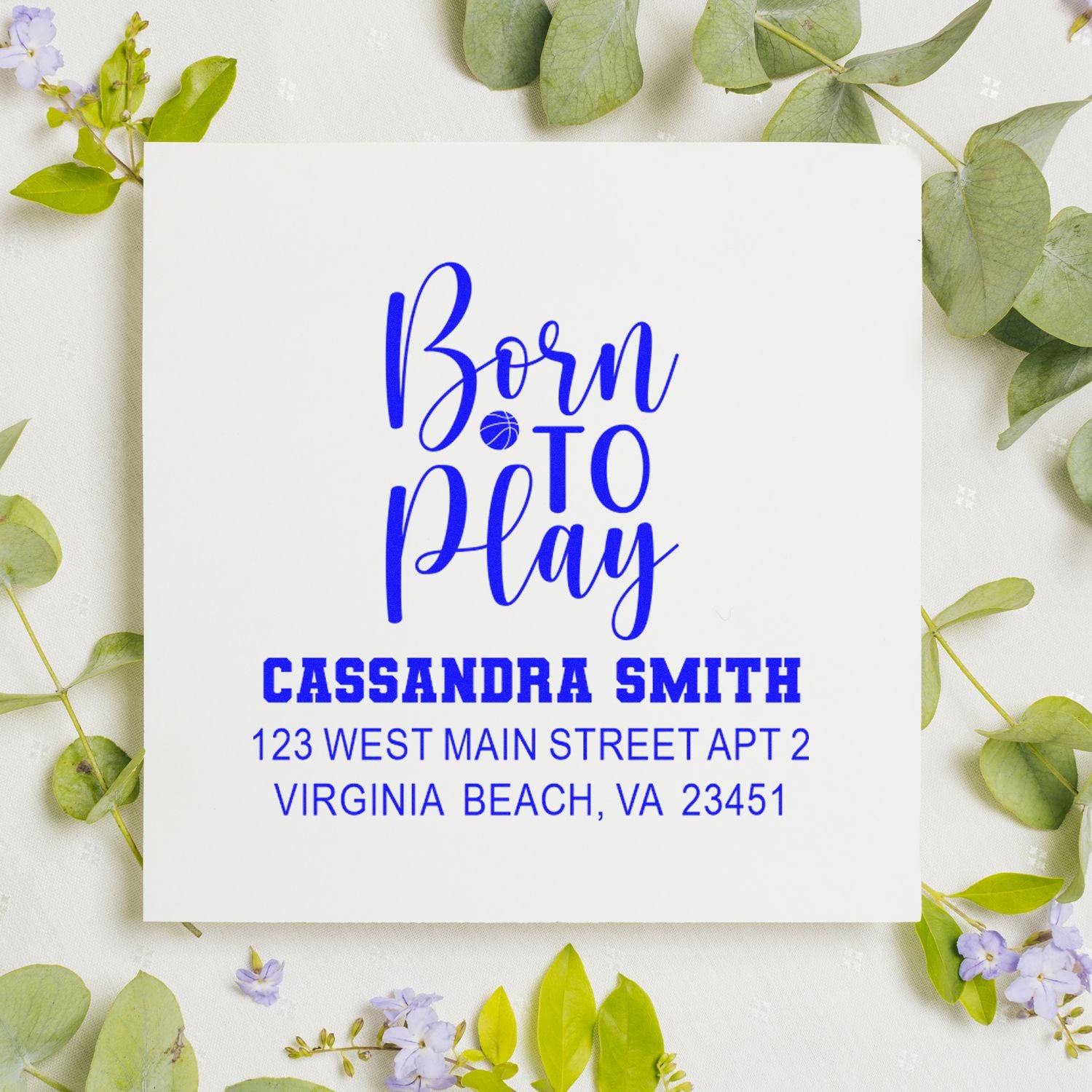 Custom address rubber stamp with Born to Play basketball design, Cassandra Smith name, and Virginia Beach, VA return address.