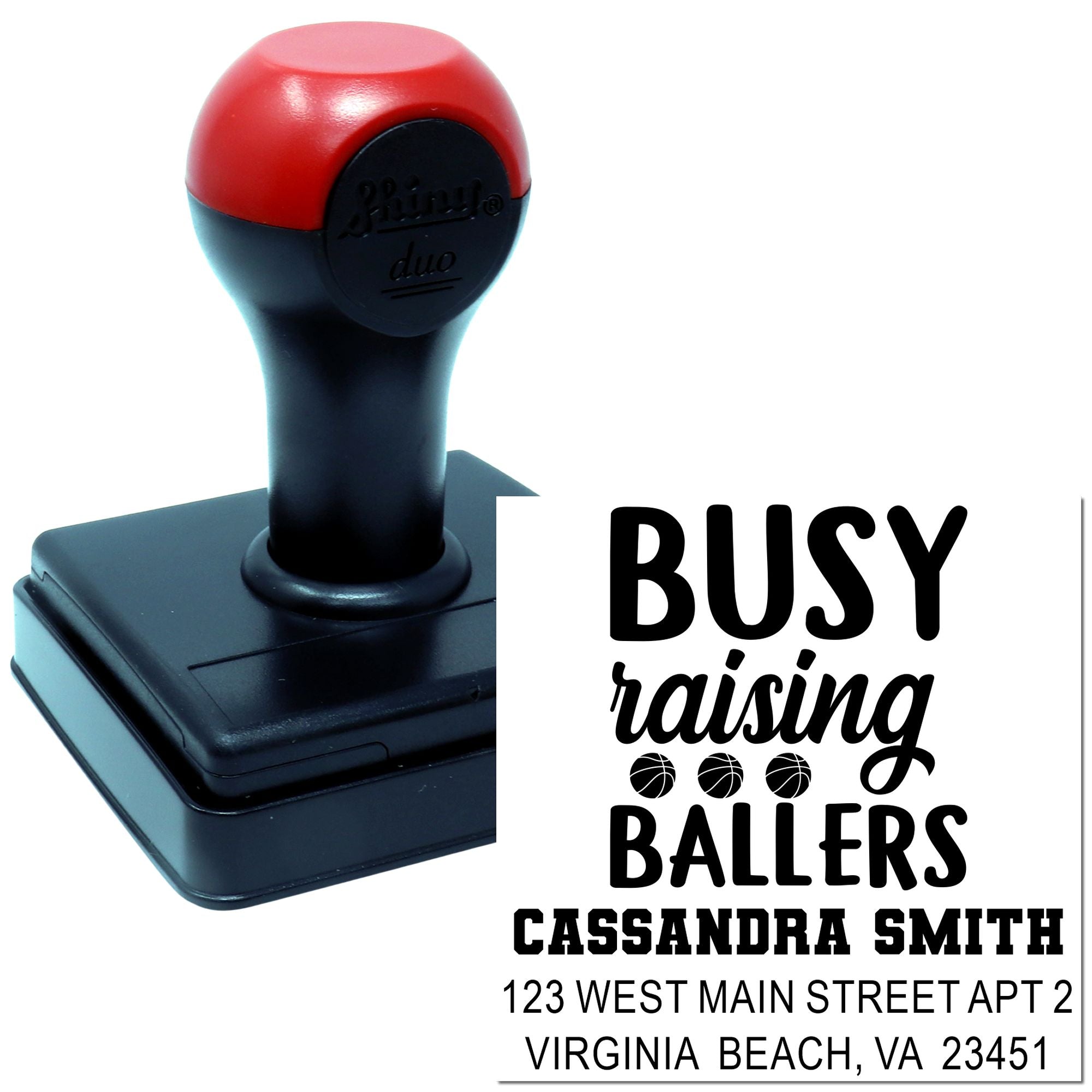 Custom self-inking rubber address stamp with Busy Raising Ballers basketball design for Cassandra Smith.