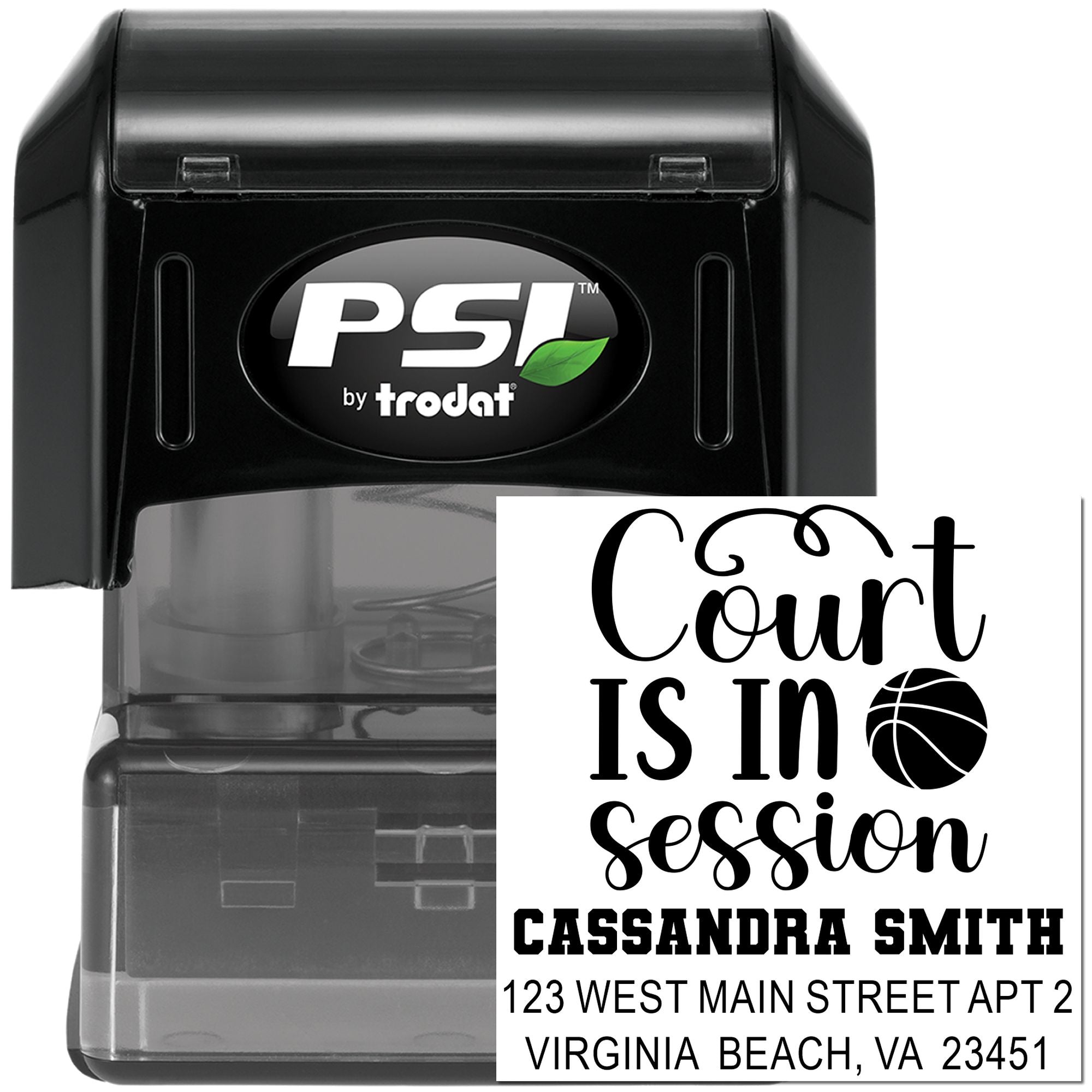 PSI by Trodat self-inking custom rubber stamp for Court Is In Session name and address imprint