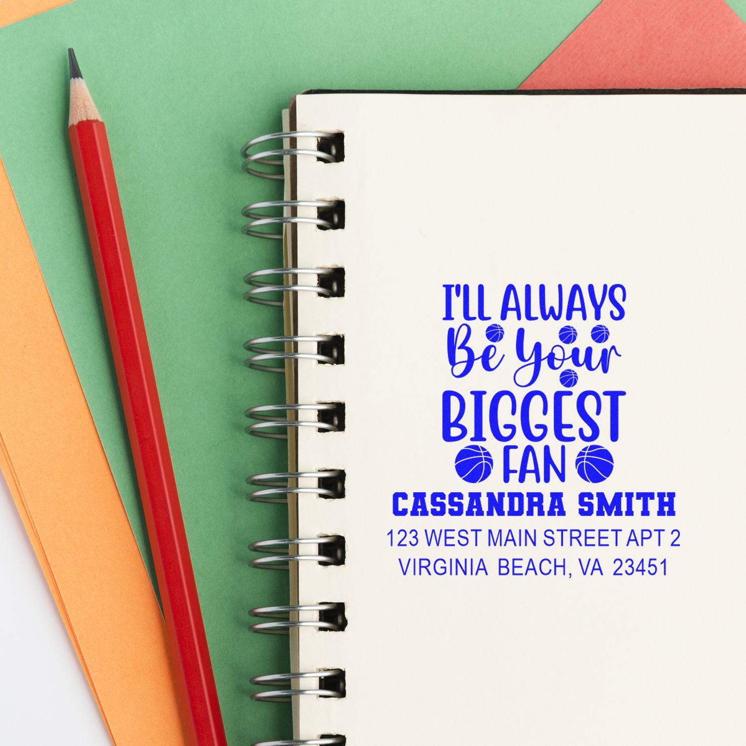 Custom basketball fan rubber stamp saying Ill always be your biggest fan with name and address for stationery.