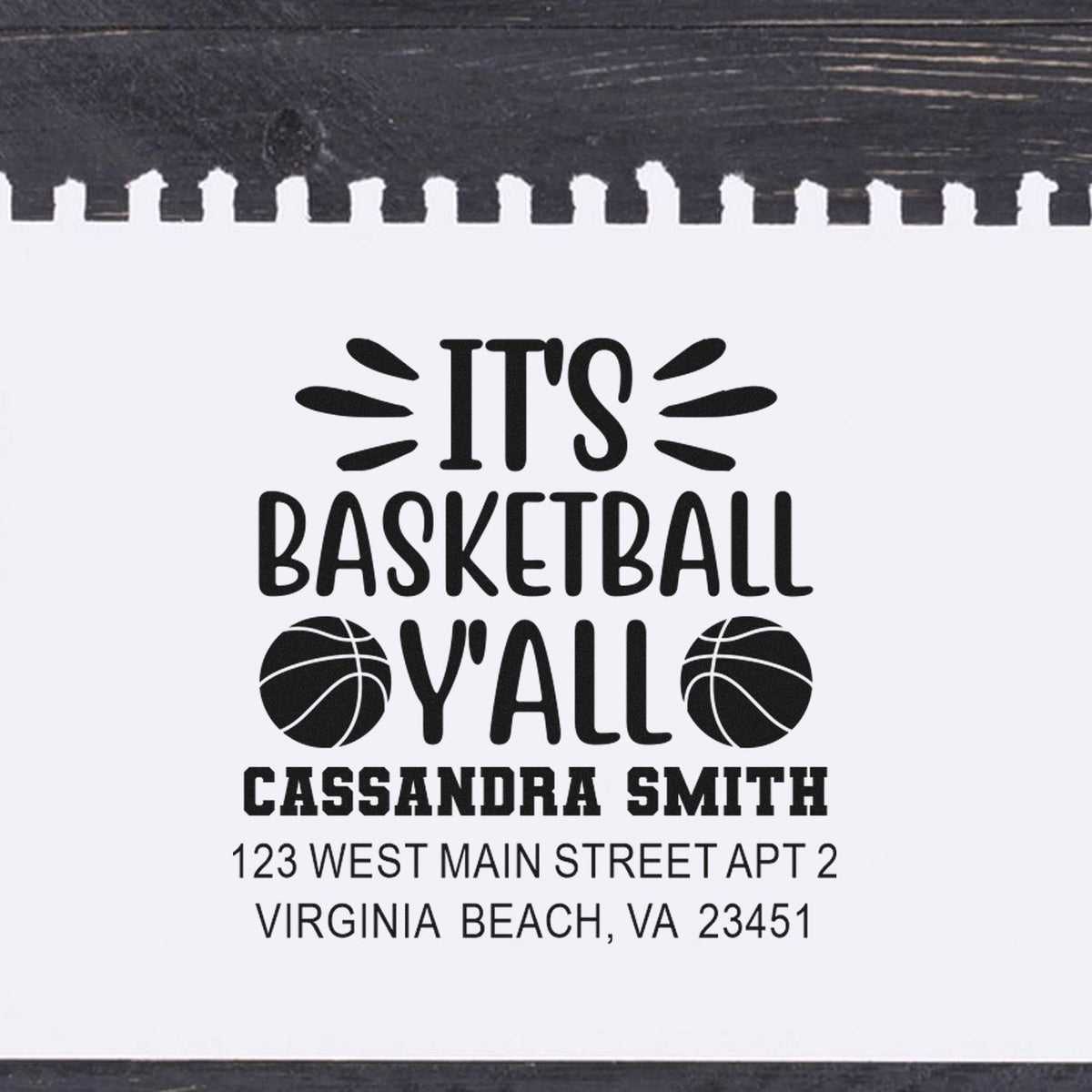 Custom basketball rubber stamp with Its Basketball Yall, personalized name, and Virginia Beach, VA return address.