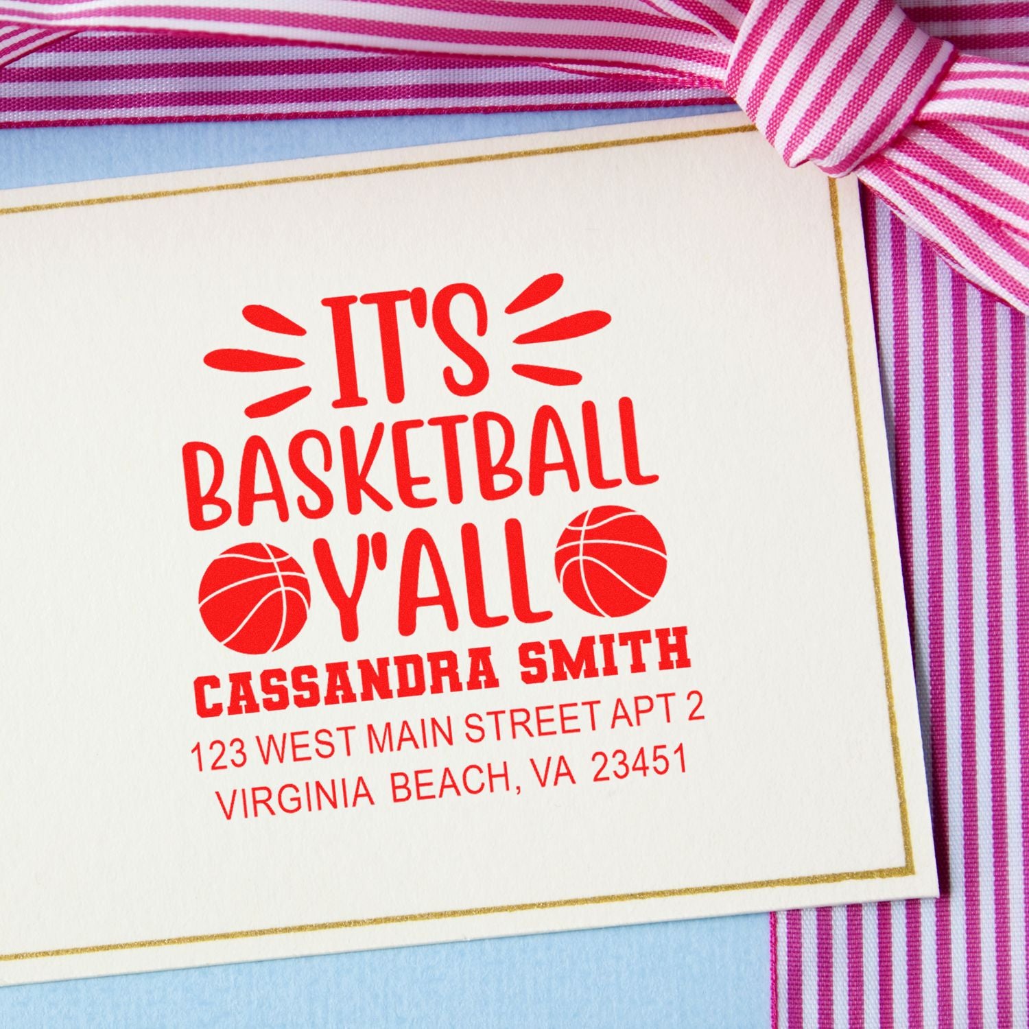 Basketball thank you rubber stamp with custom name and address for personalized sports stationery and gift packaging.
