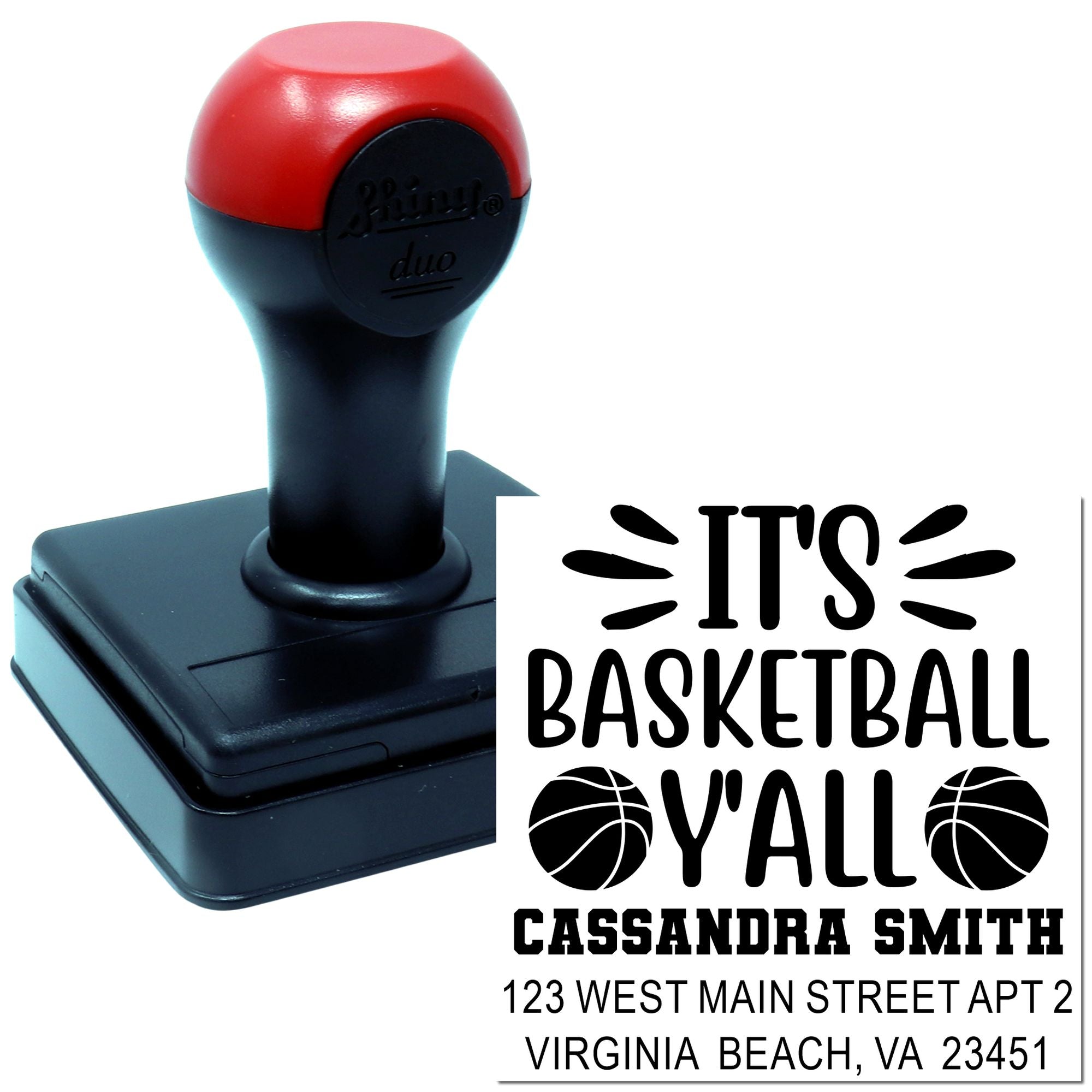 Personalized basketball rubber stamp with Its Basketball Yall return address imprint for Cassandra Smith.