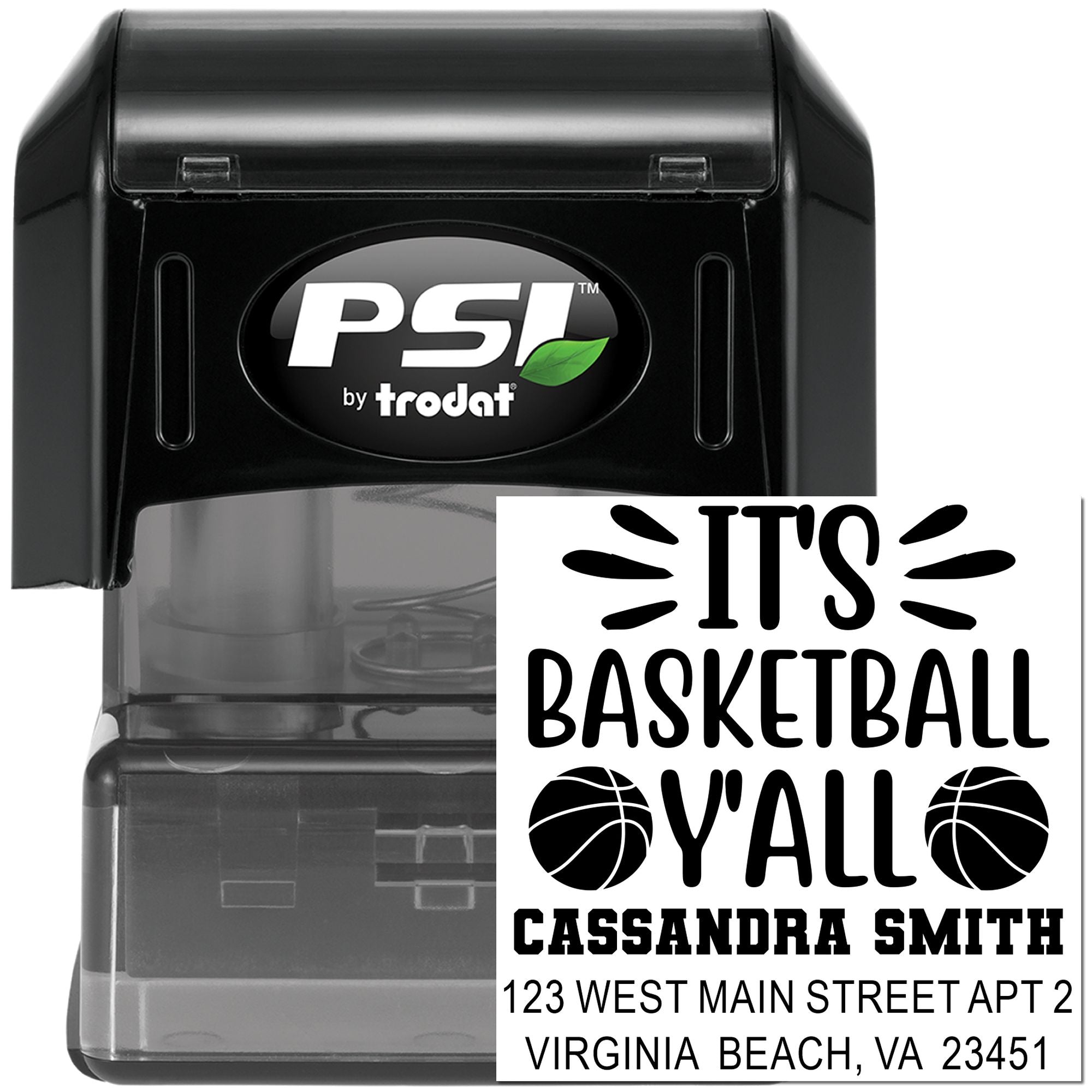 Custom self-inking rubber stamp for basketball fans with name and return address imprint, PSI by Trodat.