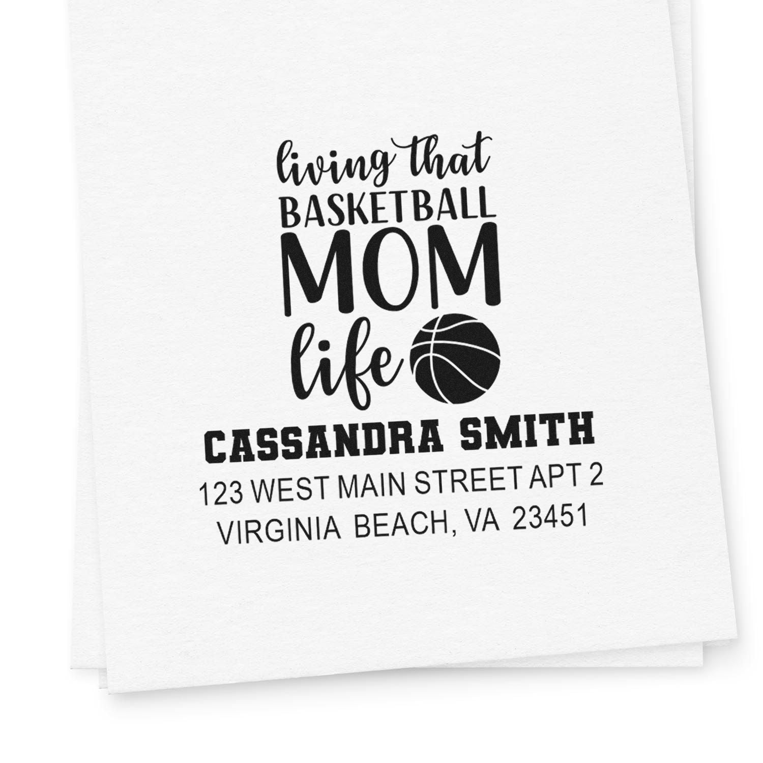 Custom basketball mom return address rubber stamp with personalized name and home address for envelopes and mail.