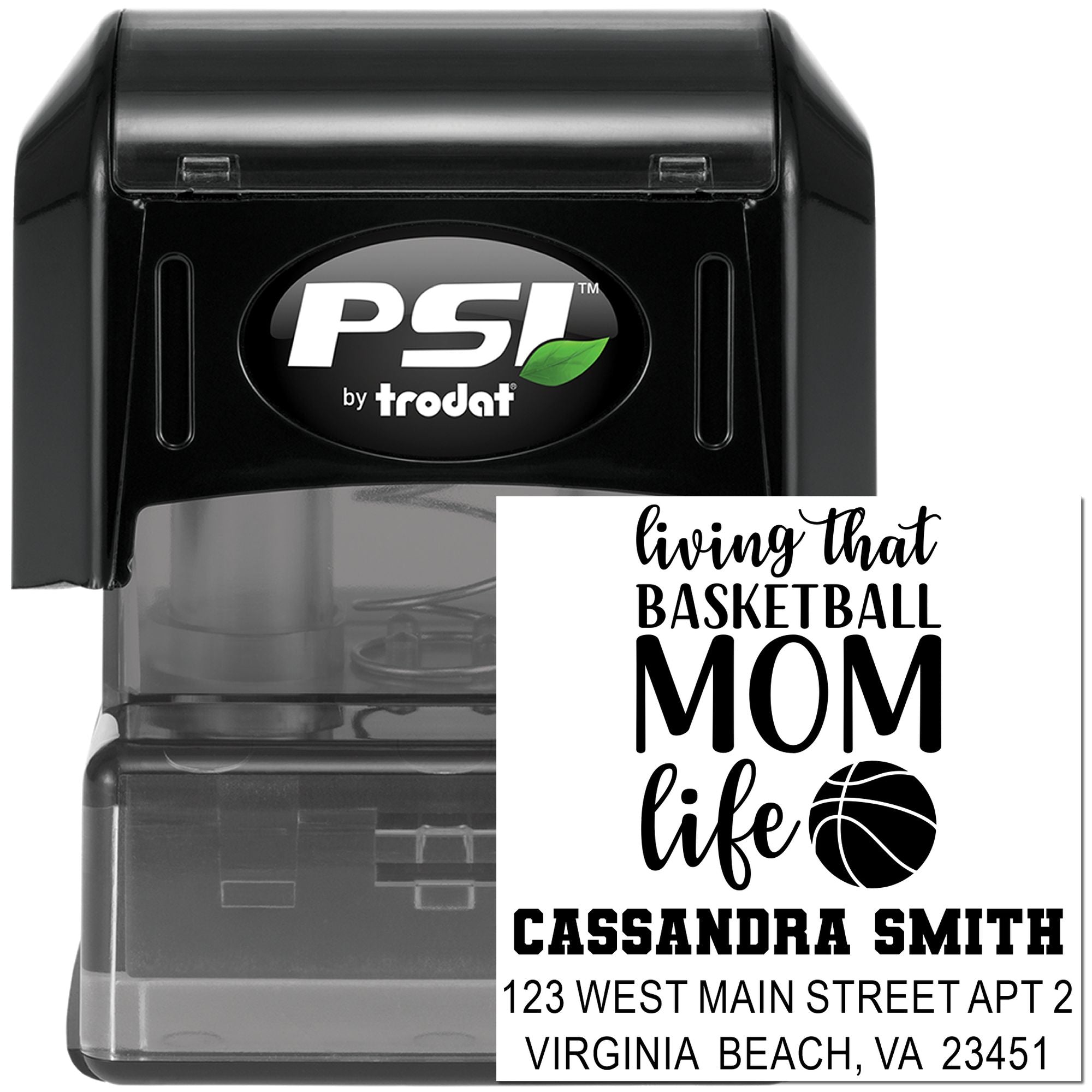 Custom basketball mom return address rubber stamp, shown with PSI by Trodat self-inking stamp and personalized imprint preview.