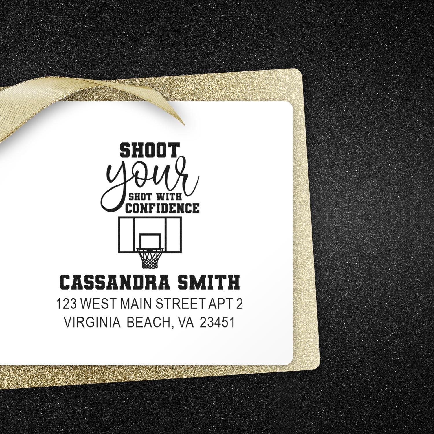 Custom basketball return address rubber stamp with motivational text, personalized name, and mailing address.