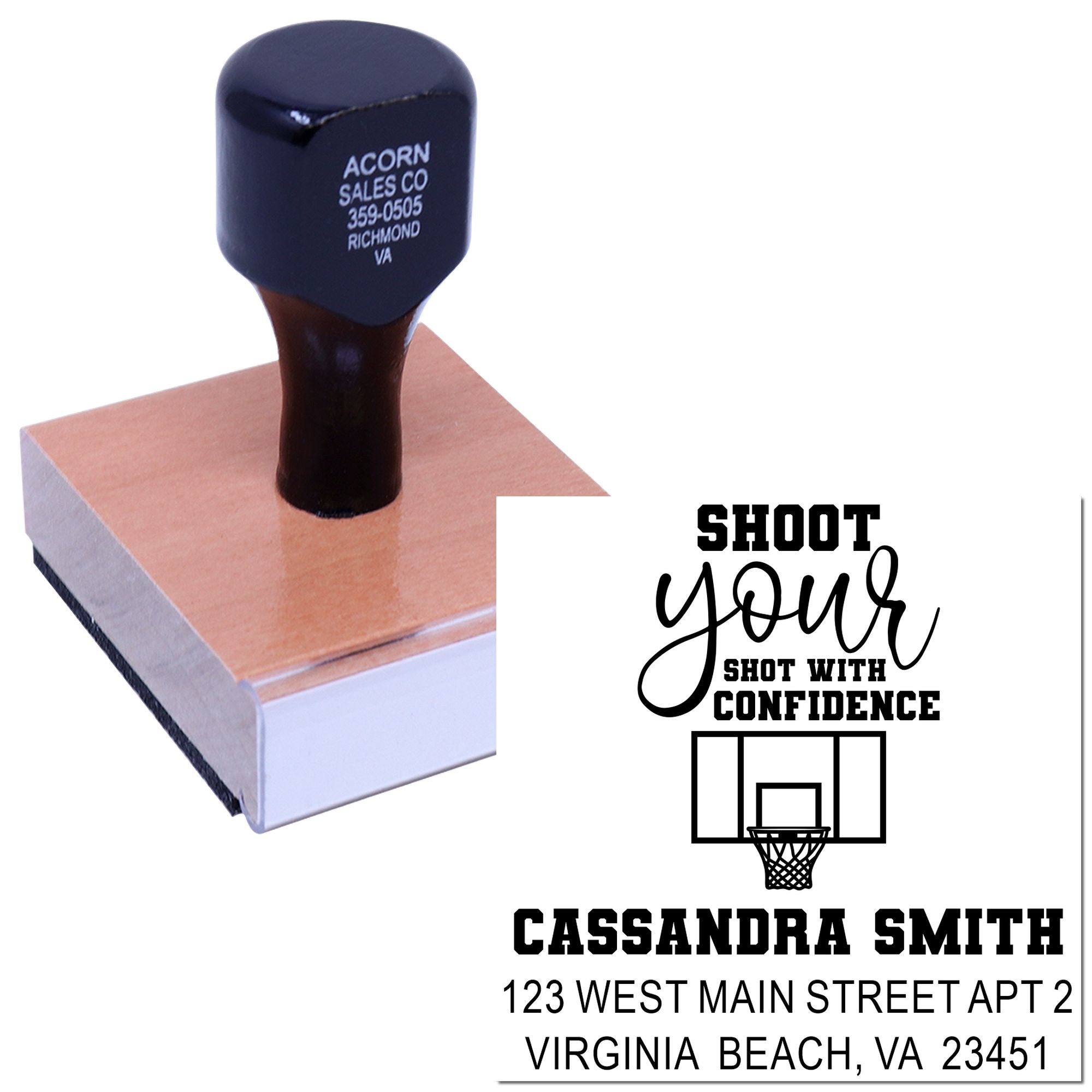 Custom basketball rubber stamp with personalized name and address, featuring a "Shoot your shot with confidence" design.