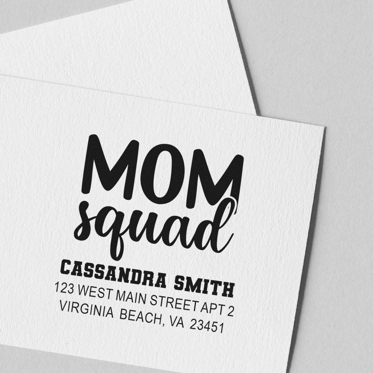 Custom Mom Squad rubber stamp for personalized return address envelopes, featuring name and Virginia Beach address.