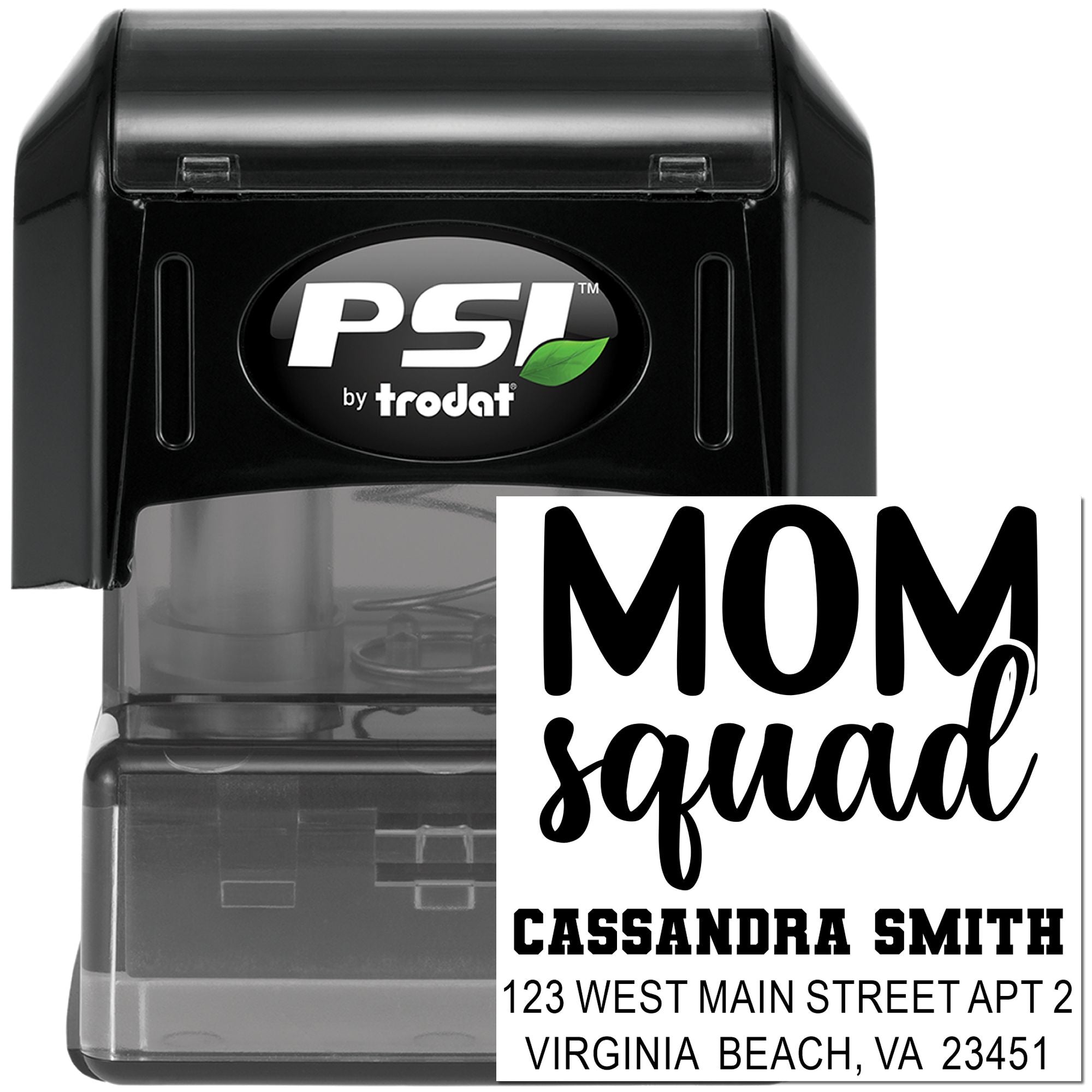 PSI by Trodat self-inking rubber stamp with Mom Squad return address design for personalized mailing labels.