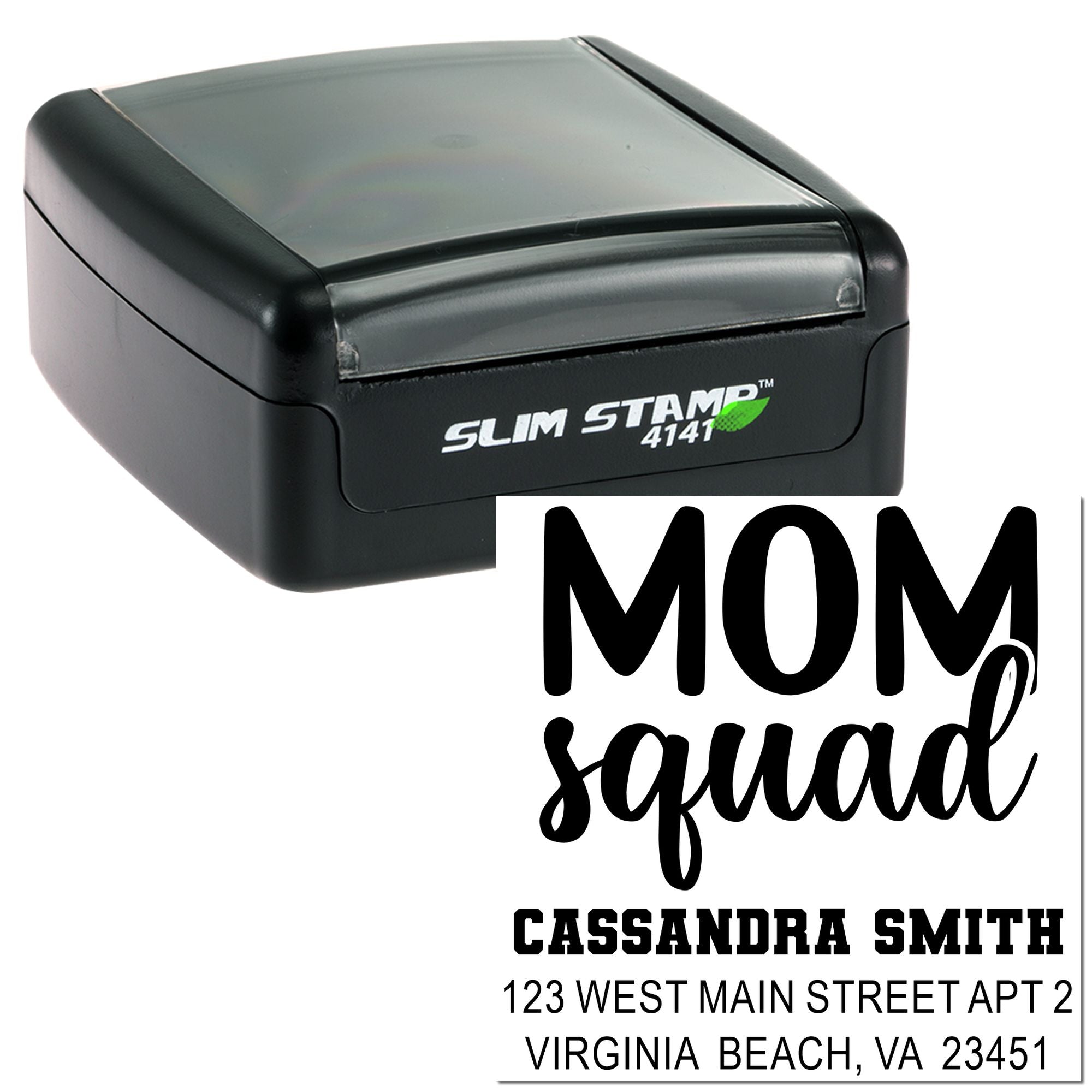 Personalized self-inking rubber address stamp with Mom Squad design, shown with Slim Stamp 4141 case.