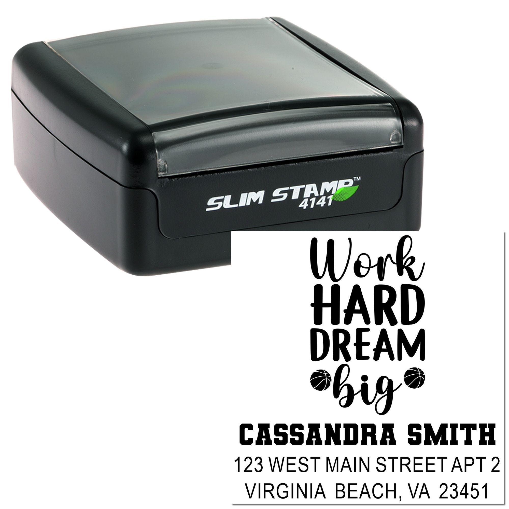 Custom self-inking rubber stamp with name, address, and Work Hard Dream Big design for personalized stamping.