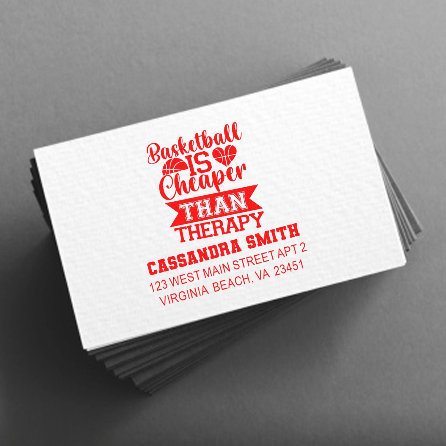 Custom basketball rubber stamp featuring Basketball Is Cheaper Than Therapy with personalized name and address.