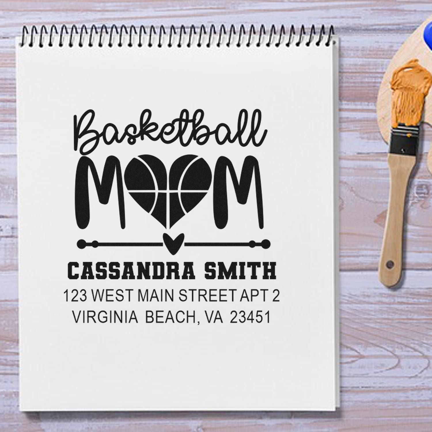 Basketball Mom personalized rubber stamp with name and address for custom return addressing.
