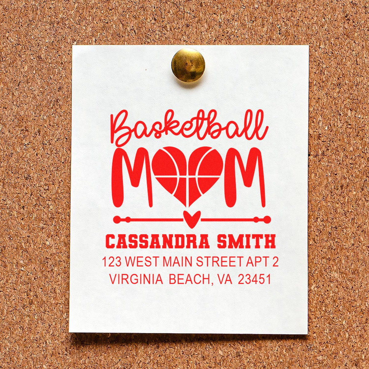 Personalized basketball mom rubber stamp with name and return address for custom mailing labels.