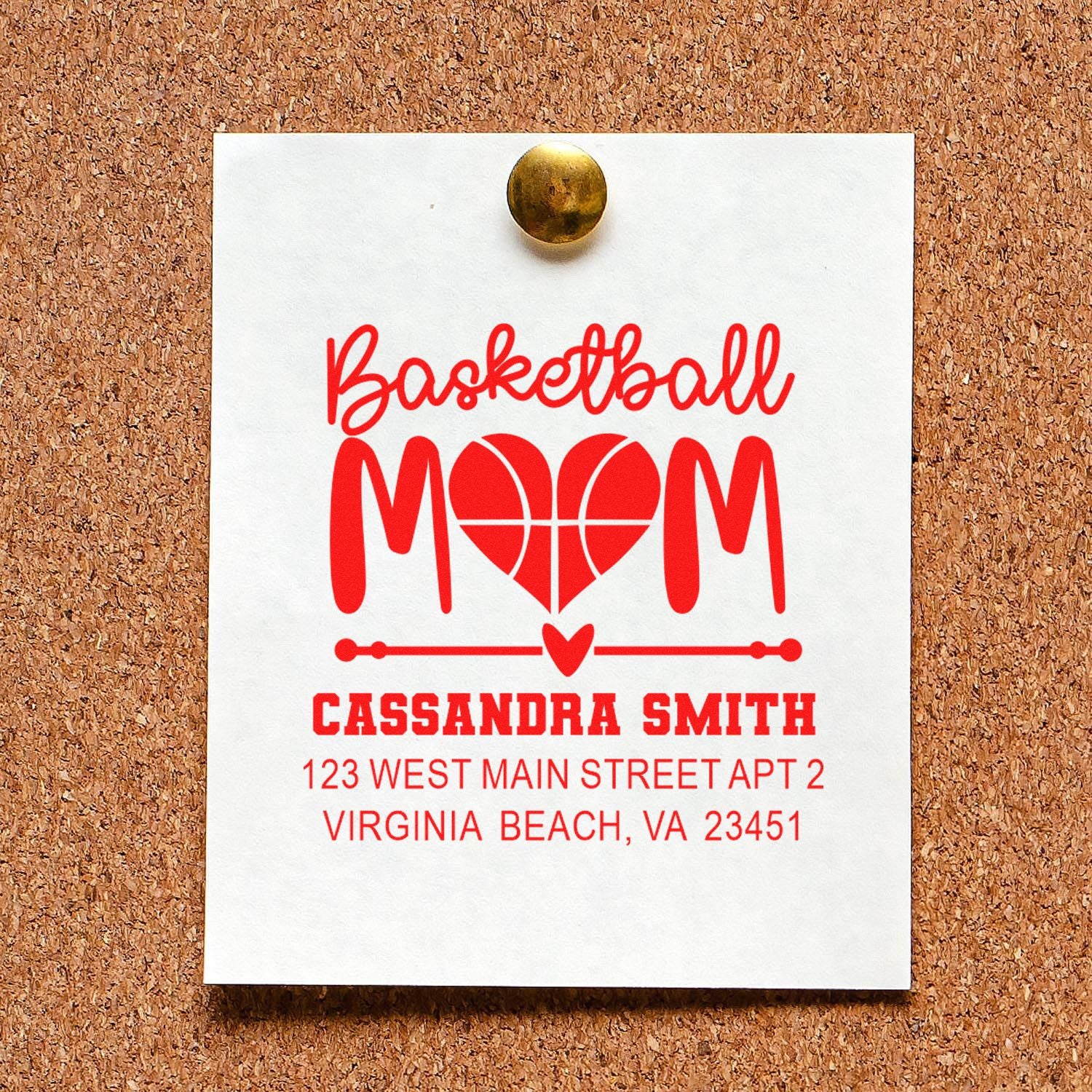 Personalized Basketball Mom rubber stamp design with name and address for custom return address or gift labeling.