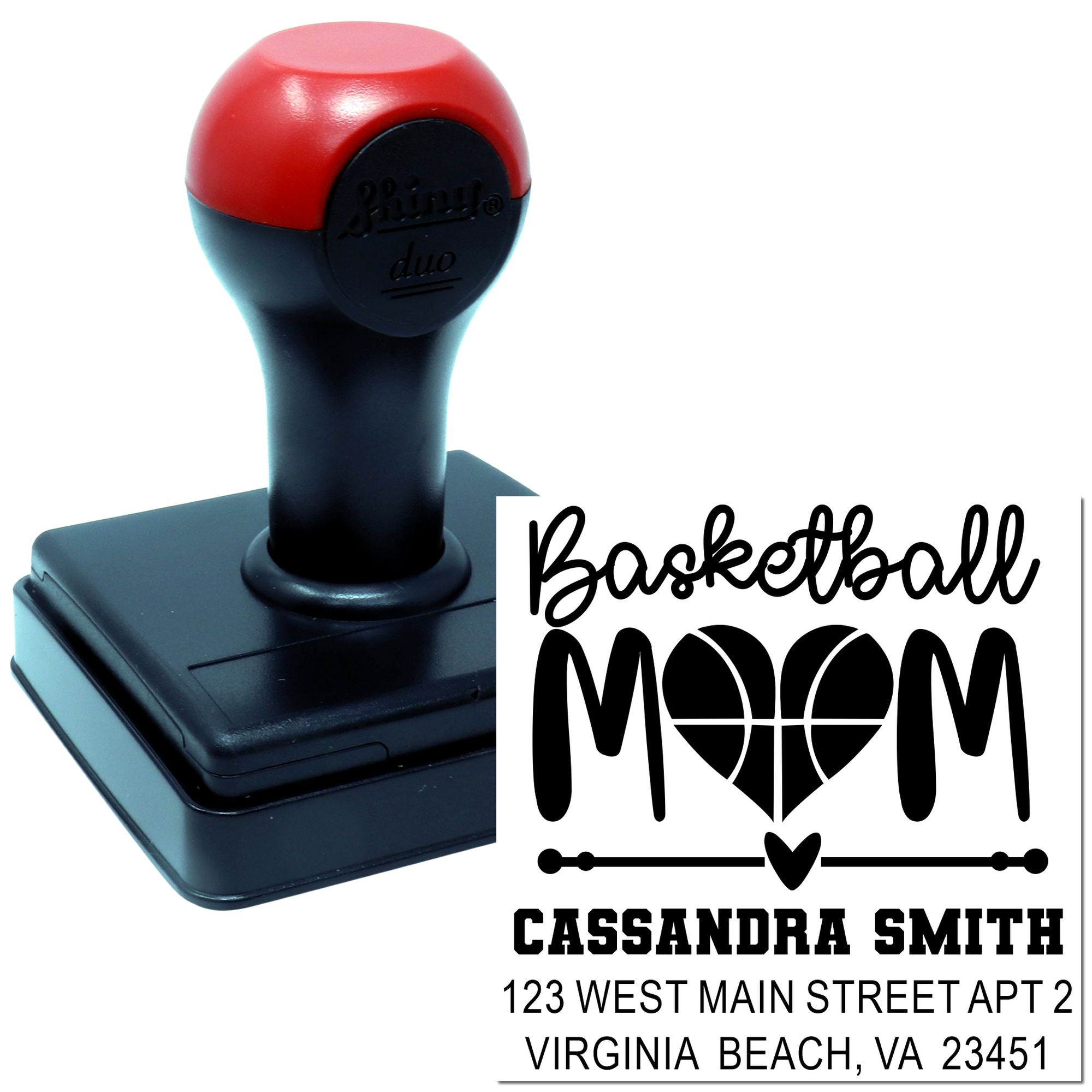 Custom self-inking basketball mom rubber stamp with name and address, personalized return address stamp for mail.