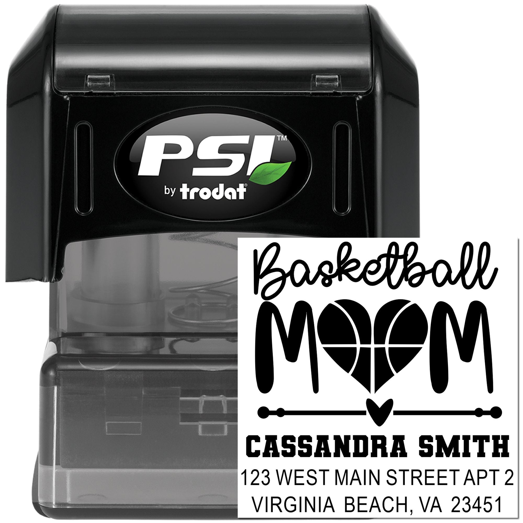 Custom Basketball Mom rubber address stamp by PSI by Trodat with personalized name and Virginia Beach address.