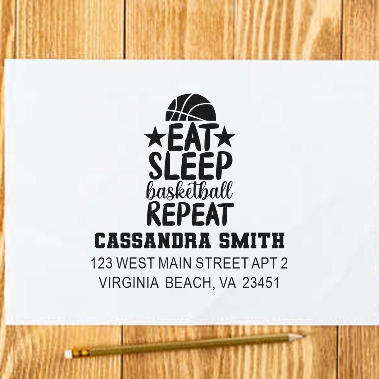 Custom basketball return address rubber stamp featuring Eat Sleep Basketball Repeat for personalized envelopes and mailings.