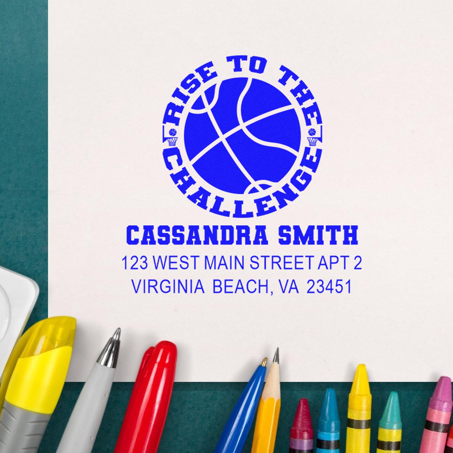Personalized basketball return address rubber stamp for Cassandra Smith, featuring a Rise to the Challenge logo and Virginia Beach address.