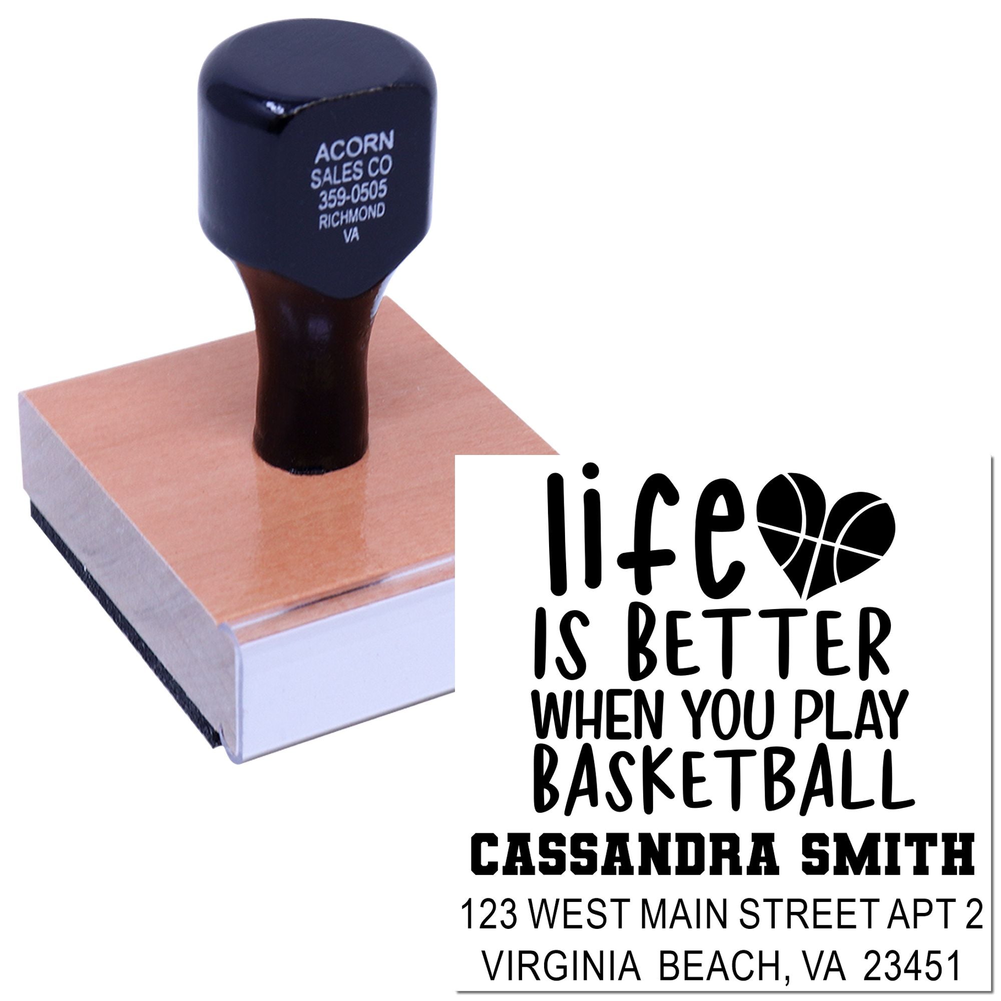 Custom basketball rubber stamp with personalized name and address, featuring Life Is Better When You Play Basketball design.