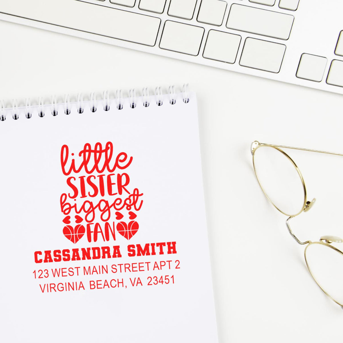 Custom rubber stamp impression for Little Sister Biggest Fan with name and address, perfect for personalized stationery and gifts.