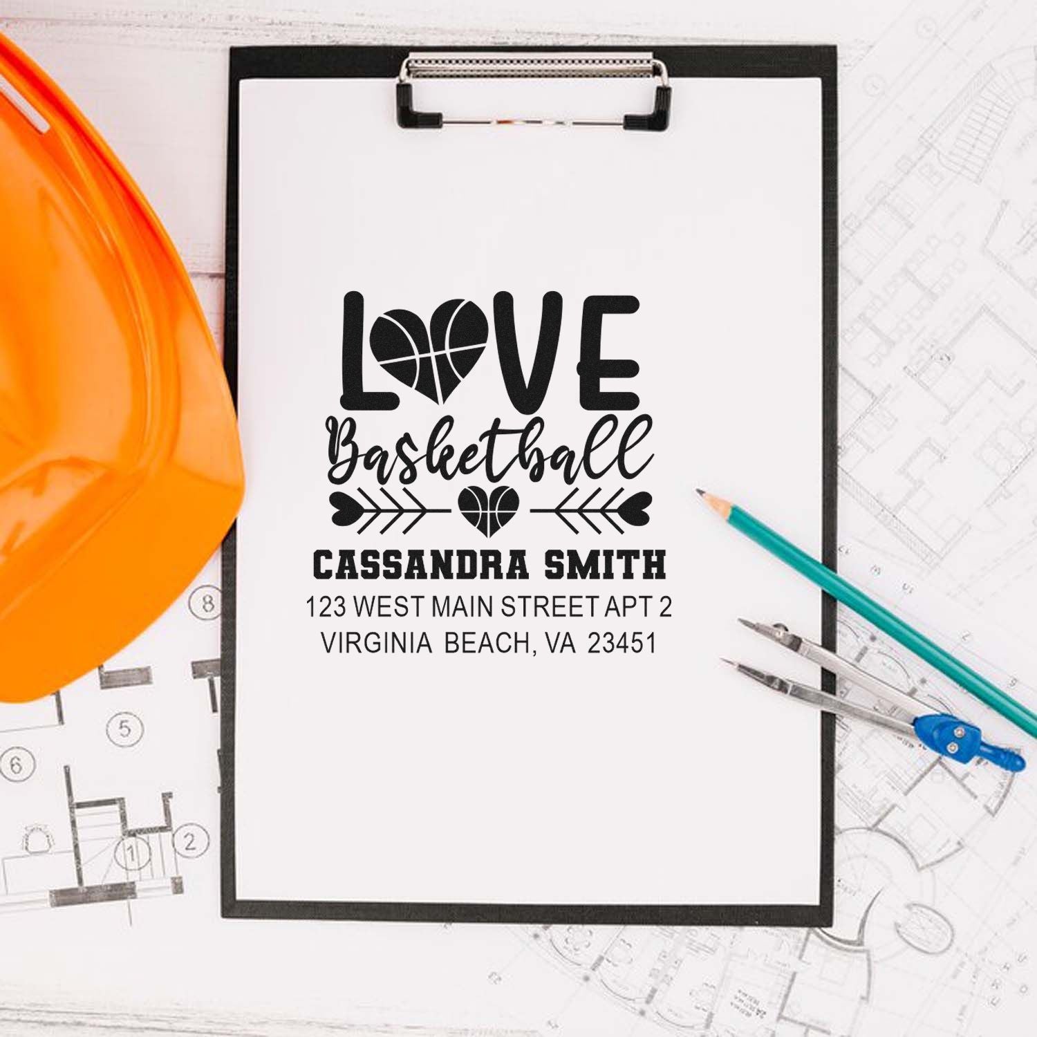 Custom LOVE Basketball address rubber stamp with personalized name and home address for sports-themed mail and gifts.