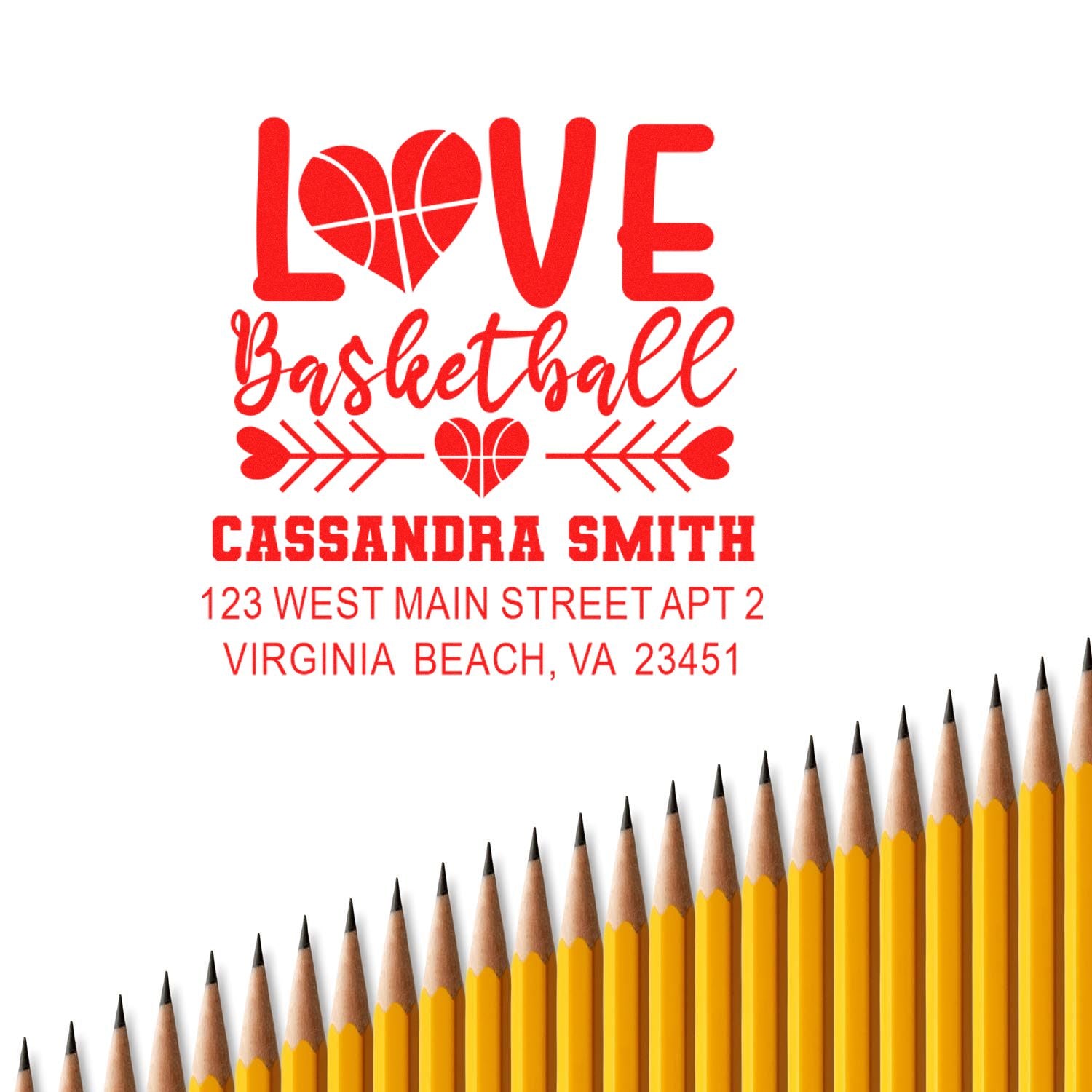 Personalized basketball love return address rubber stamp for Cassandra Smith, Virginia Beach, VA