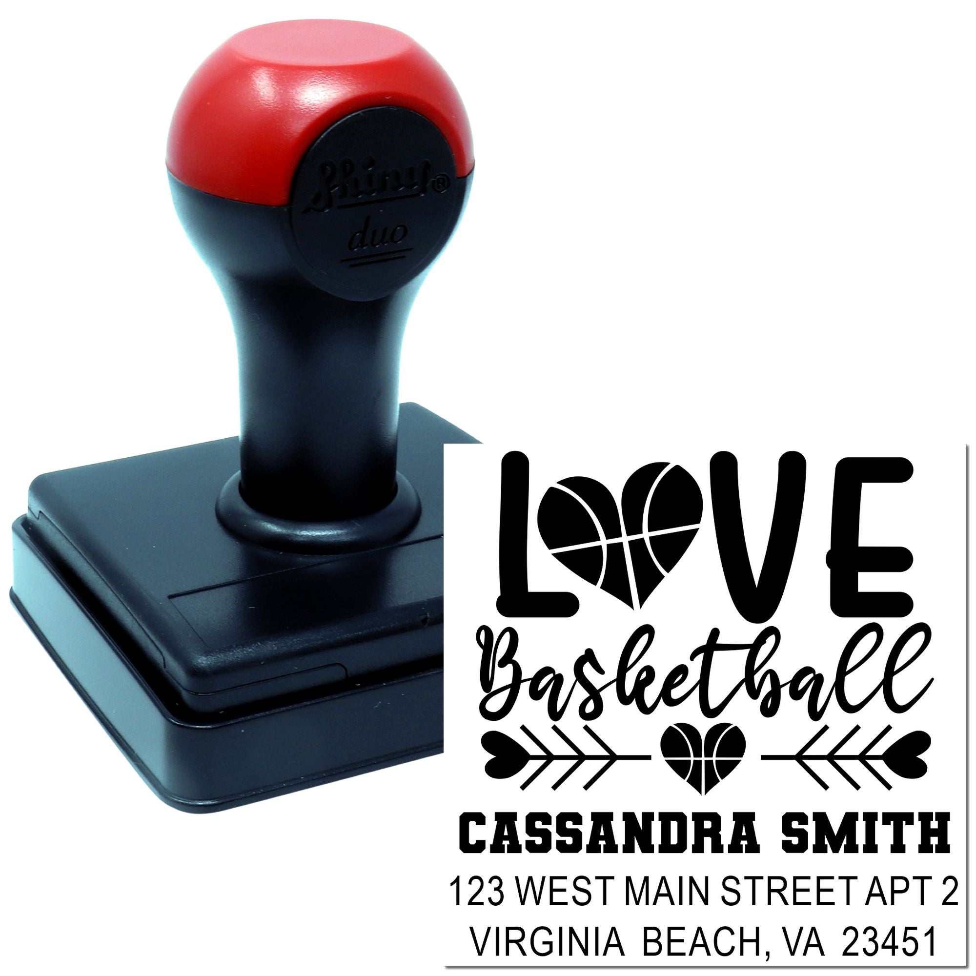 Custom self-inking basketball love rubber stamp with personalized name and address for mailing, gifts, and crafts.