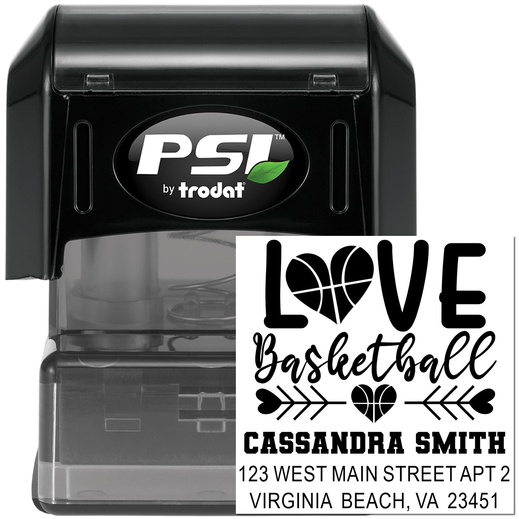 PSI by Trodat self-inking rubber stamp with custom LOVE Basketball address stamp for personalized sports and wedding mailings