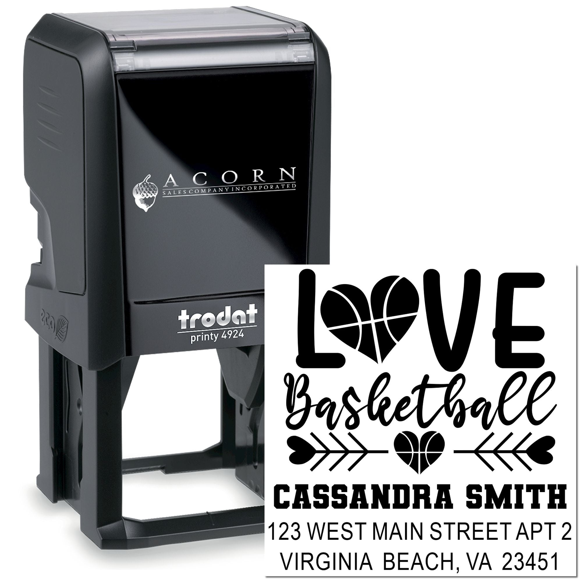 Custom self-inking rubber stamp for basketball fans, with personalized LOVE Basketball design, name, and address.