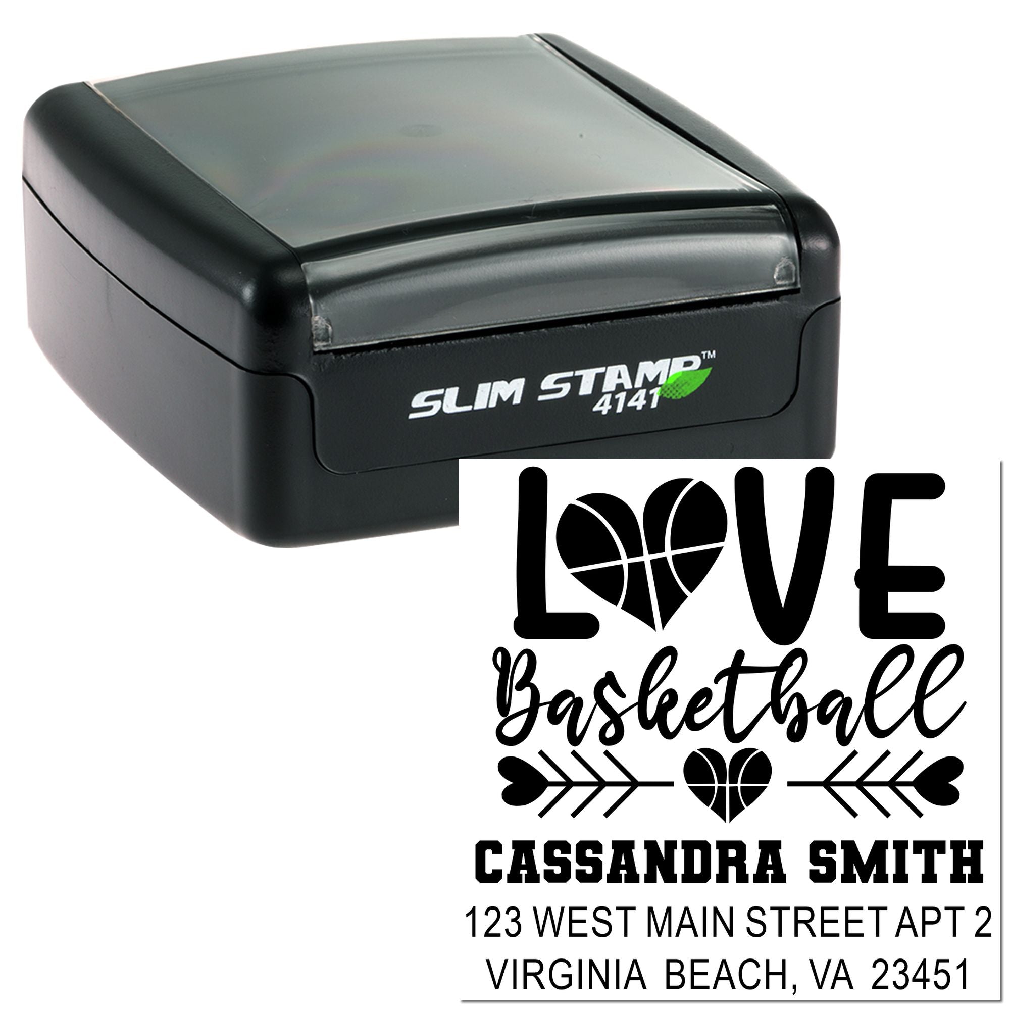 Custom self-inking rubber stamp with basketball love design and personalized return address, shown with Slim Stamp 4141 case.