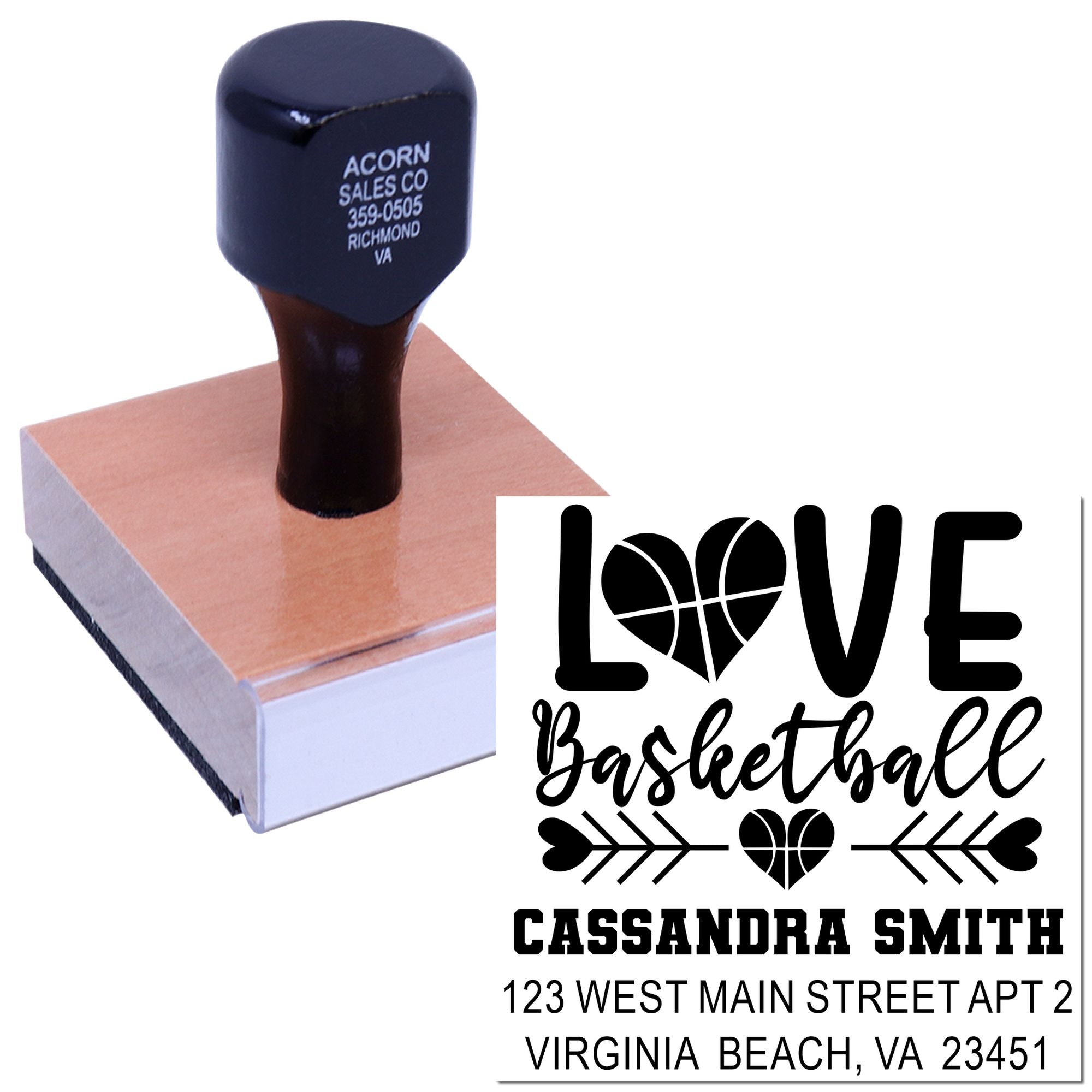 Personalized basketball love rubber stamp with name and address for custom cards, invitations, and packaging.