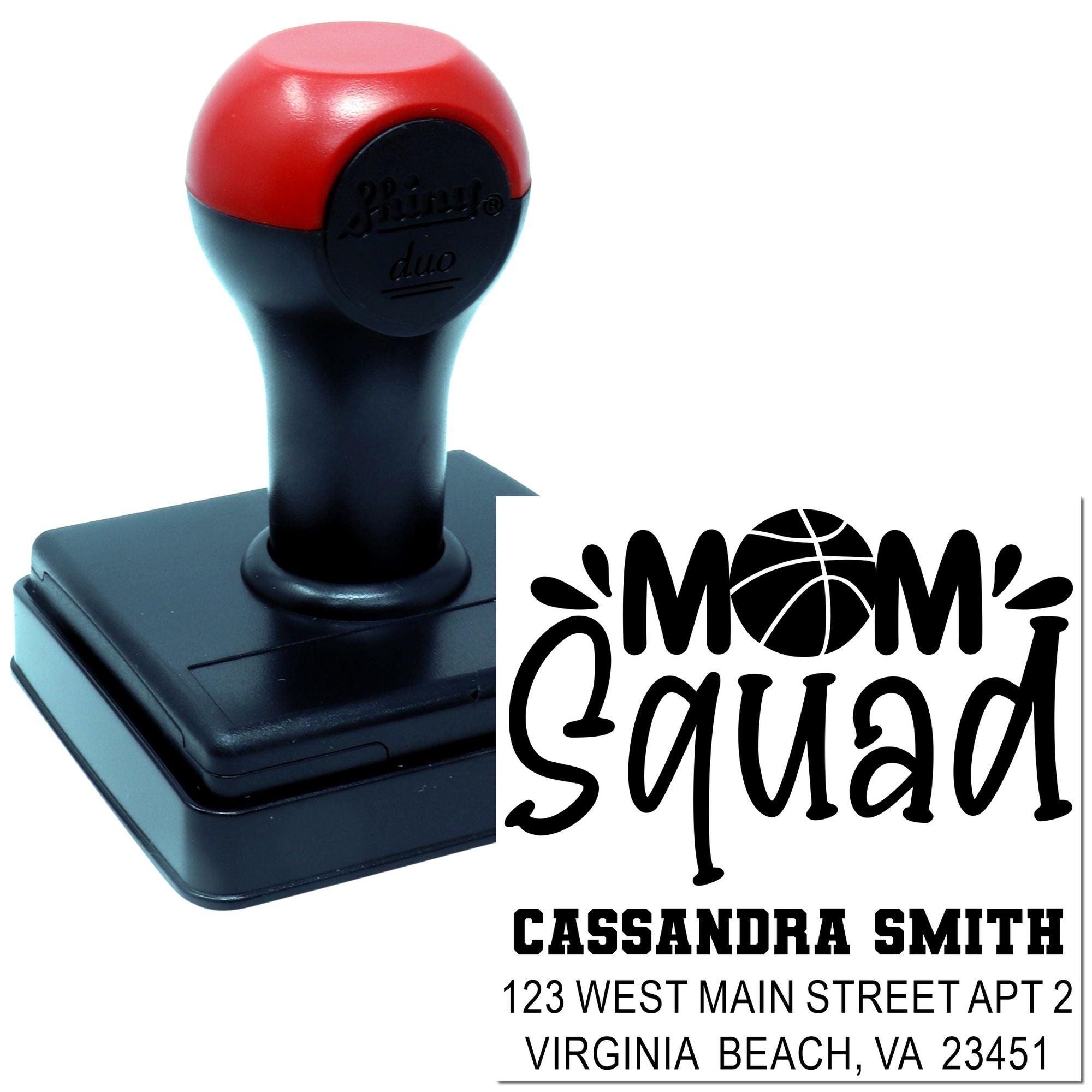 Custom self-inking rubber stamp with Mom Squad design and personalized name and address for mailing and crafts.