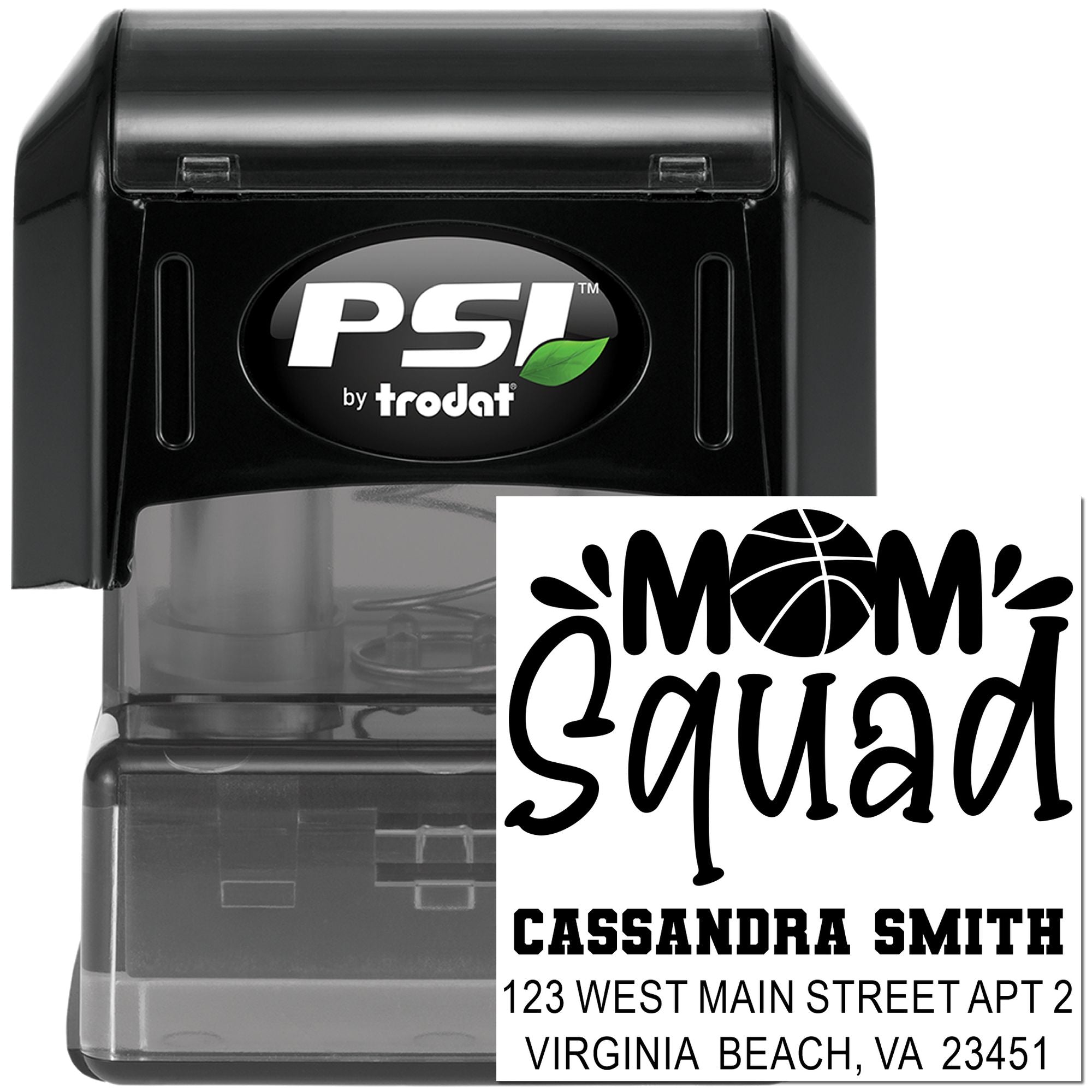 Custom Mom Squad return address rubber stamp with PSI by Trodat self-inking stamp for personalized mailing.