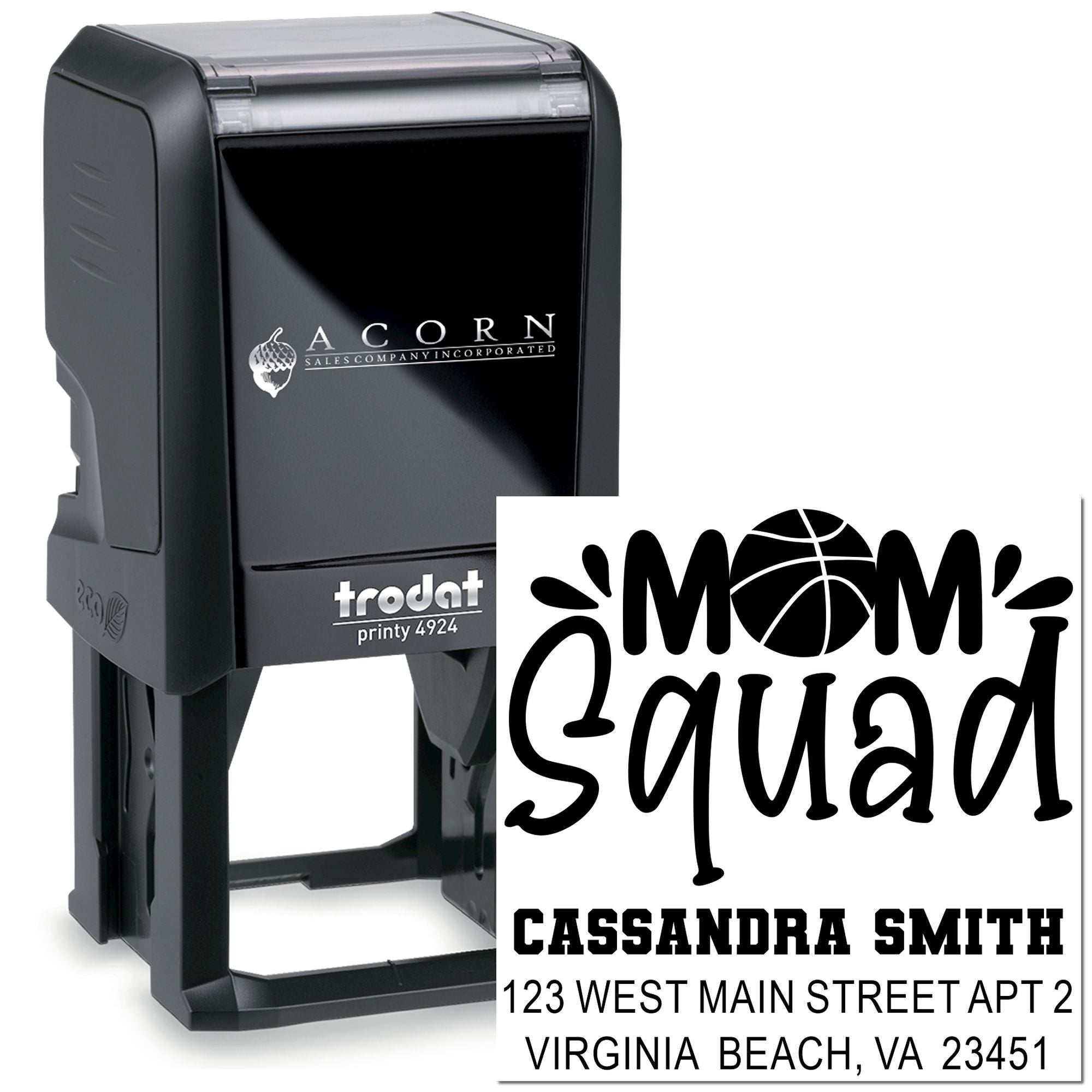 Trodat self-inking rubber stamp with Mom Squad design, personalized name and address for envelopes and mailings.