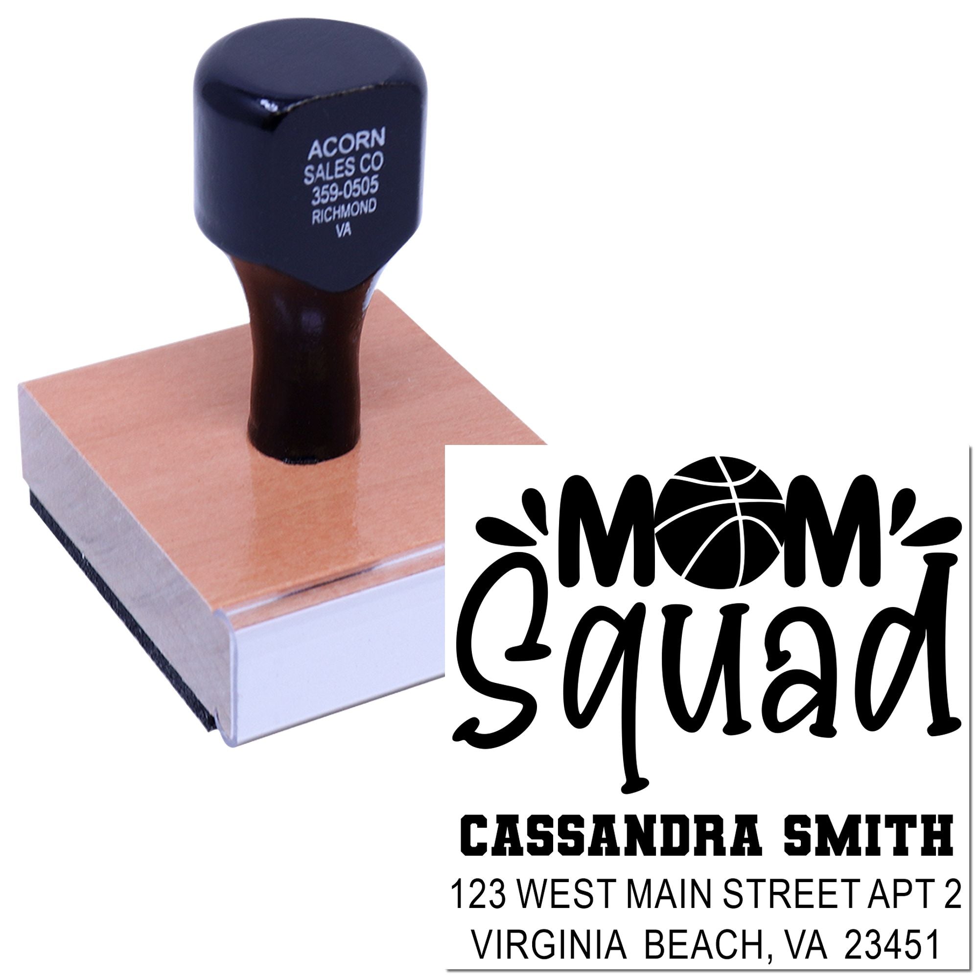 Custom Mom Squad address rubber stamp with basketball design for personalized family mailing and crafts.