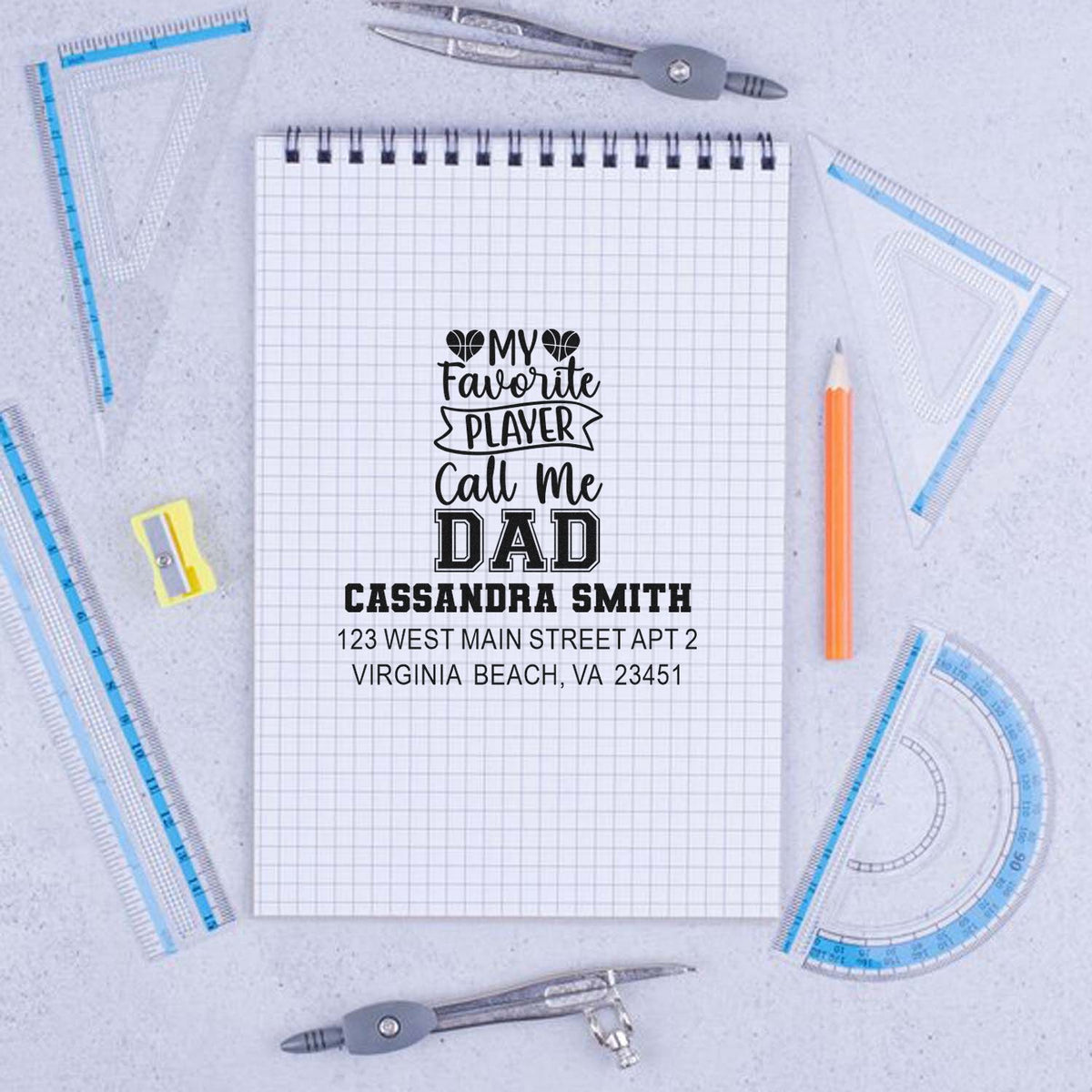 Custom dad rubber stamp with My Favorite Player Call Me Dad design, personalized name and address for stationery.
