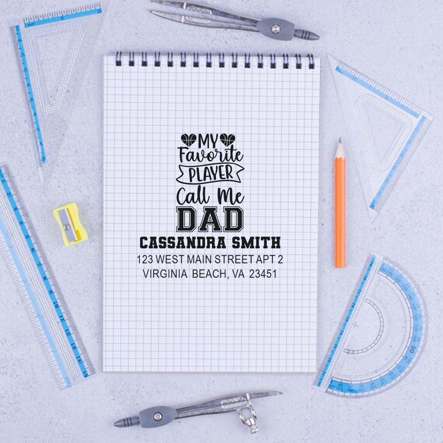 Custom rubber stamp mockup with "My Favorite Player Call Me Dad" design, personalized name and address for a Father's Day gift.