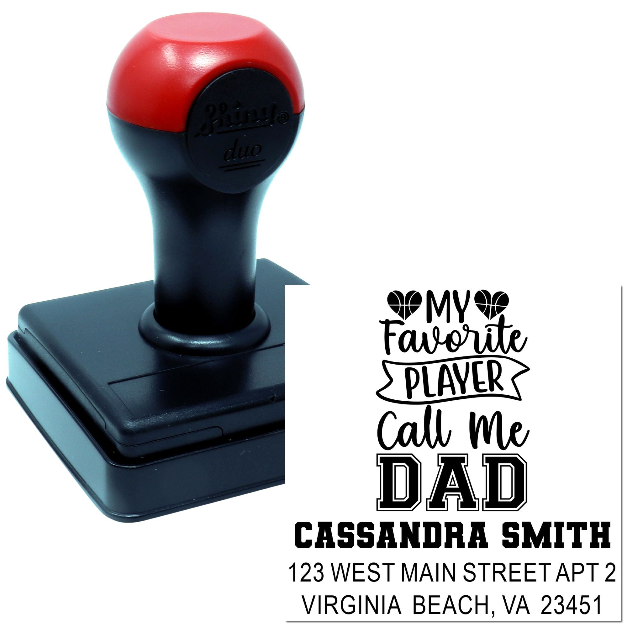 Custom self-inking rubber stamp with personalized My Favorite Player Call Me Dad design and address, ideal gift for dads.
