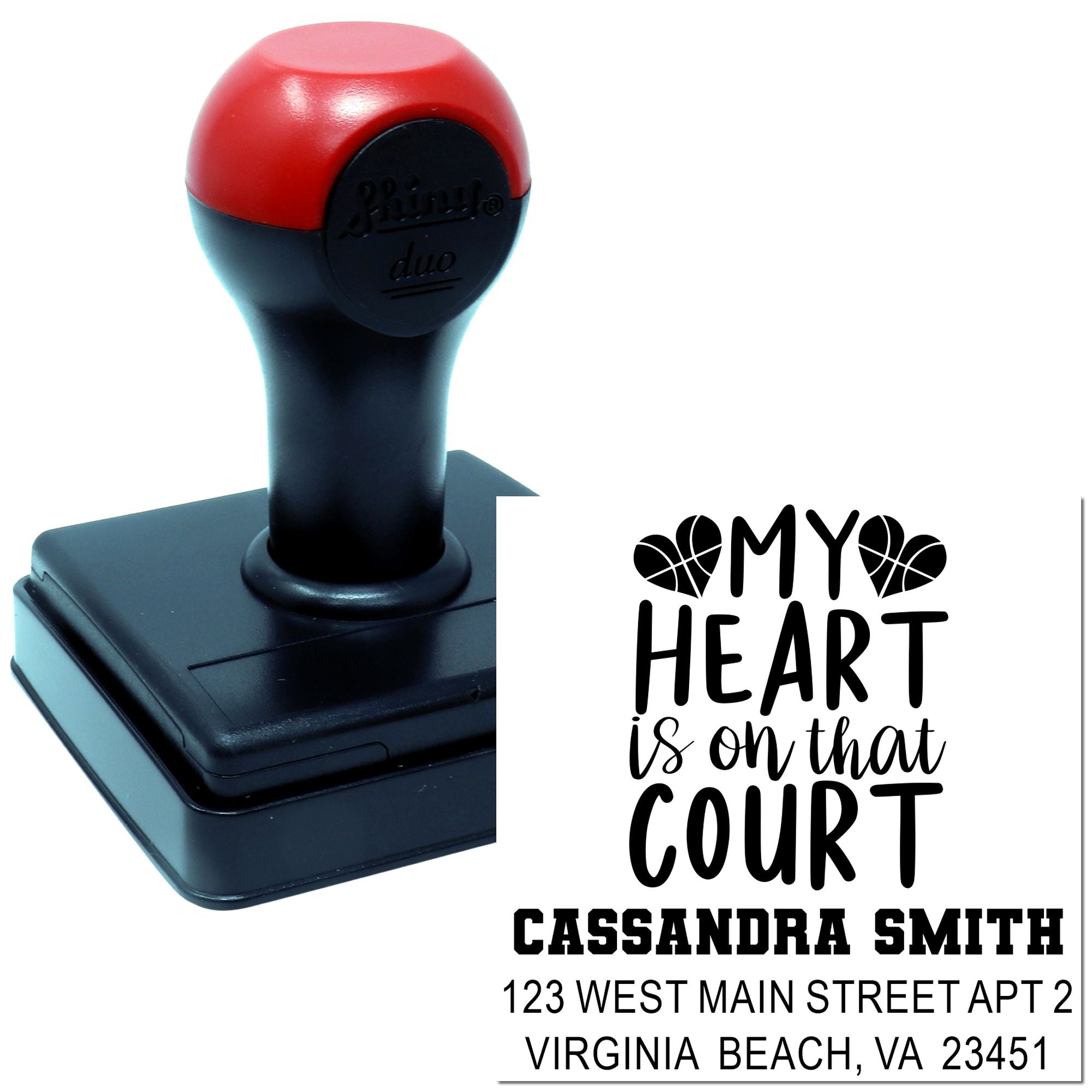 Custom self-inking rubber address stamp with personalized My Heart Is on That Court return-address design.