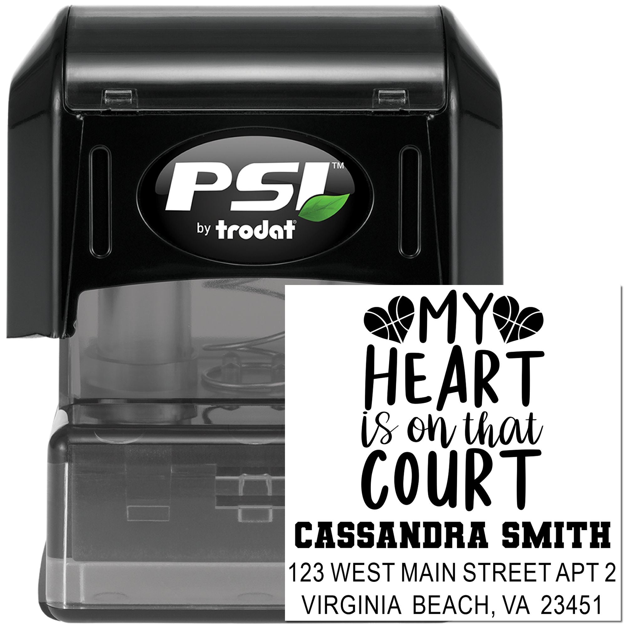 Custom self-inking rubber address stamp by PSI Trodat with basketball heart design and personalized return address.