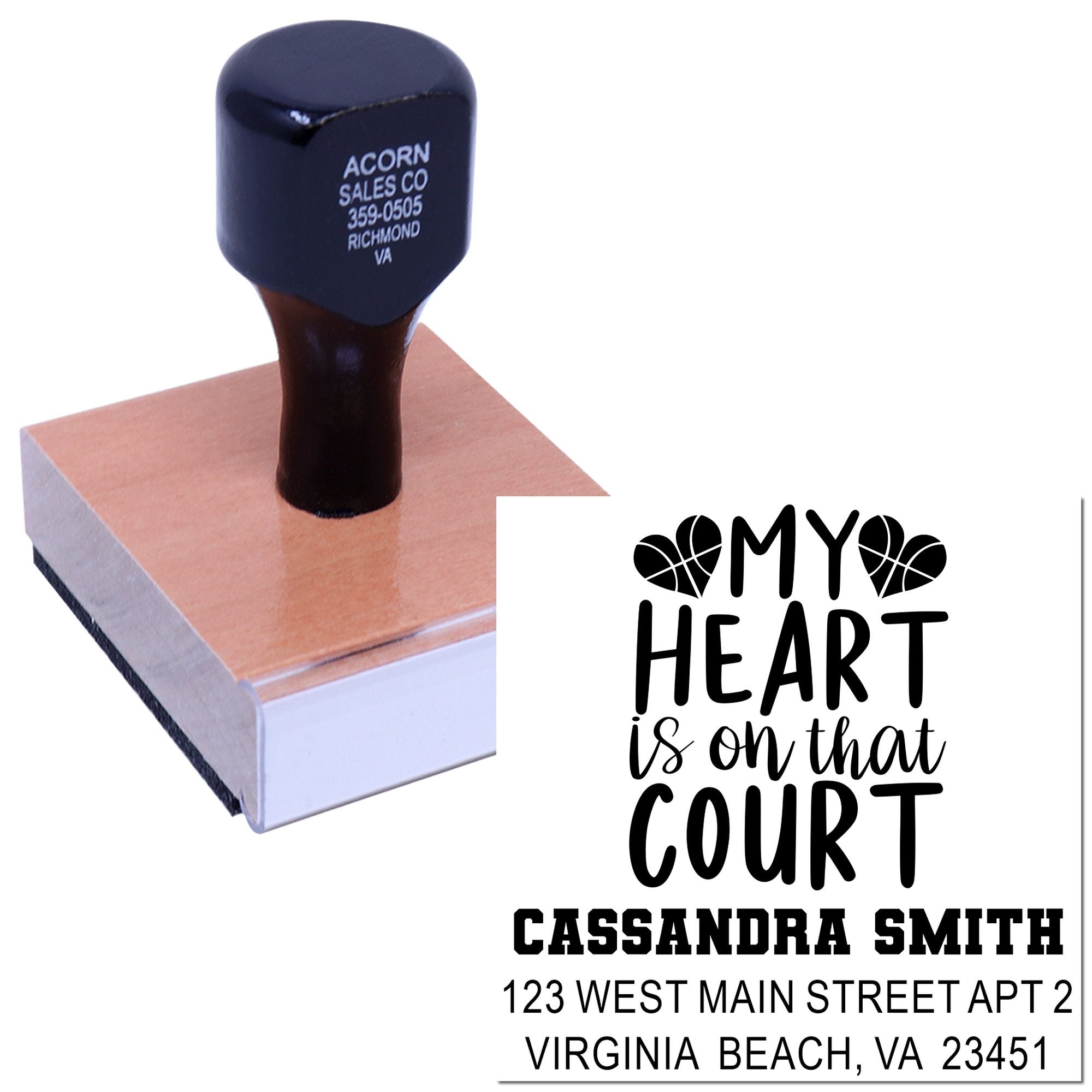 Personalized basketball fan rubber stamp with custom name, address, and My heart is on that court design.