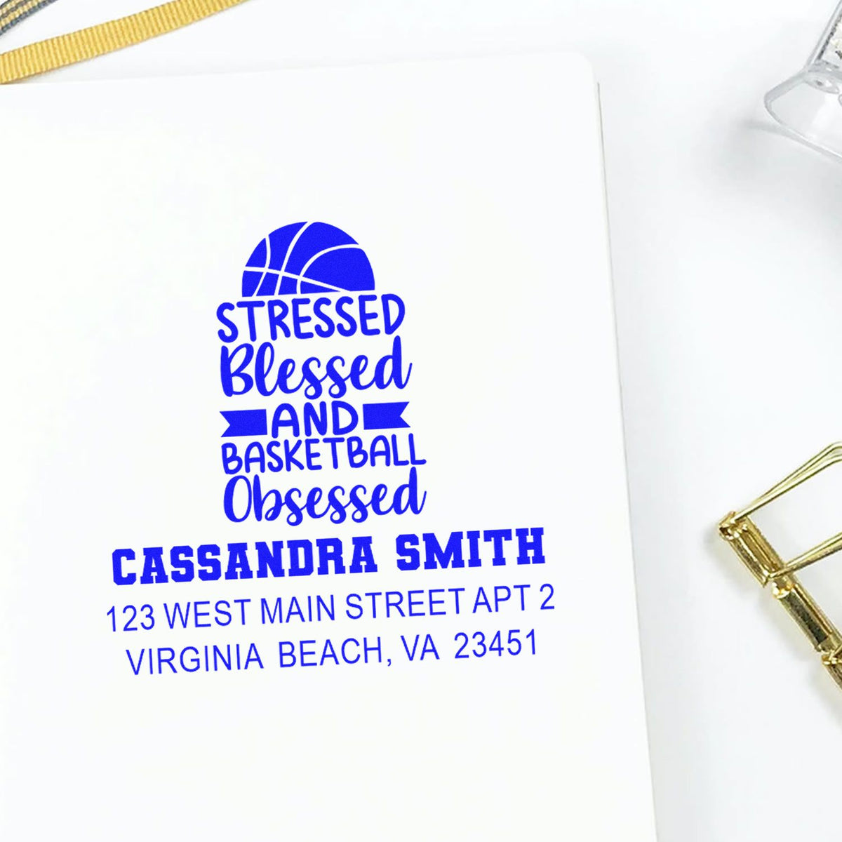 Personalized basketball return address rubber stamp with Stressed Blessed and Basketball Obsessed design.