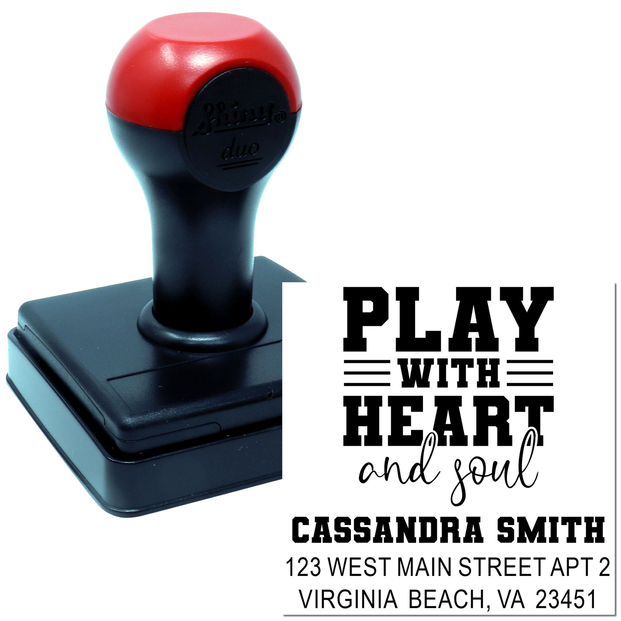 Personalized self-inking rubber stamp with Play with heart and soul address imprint for custom mailing and branding.