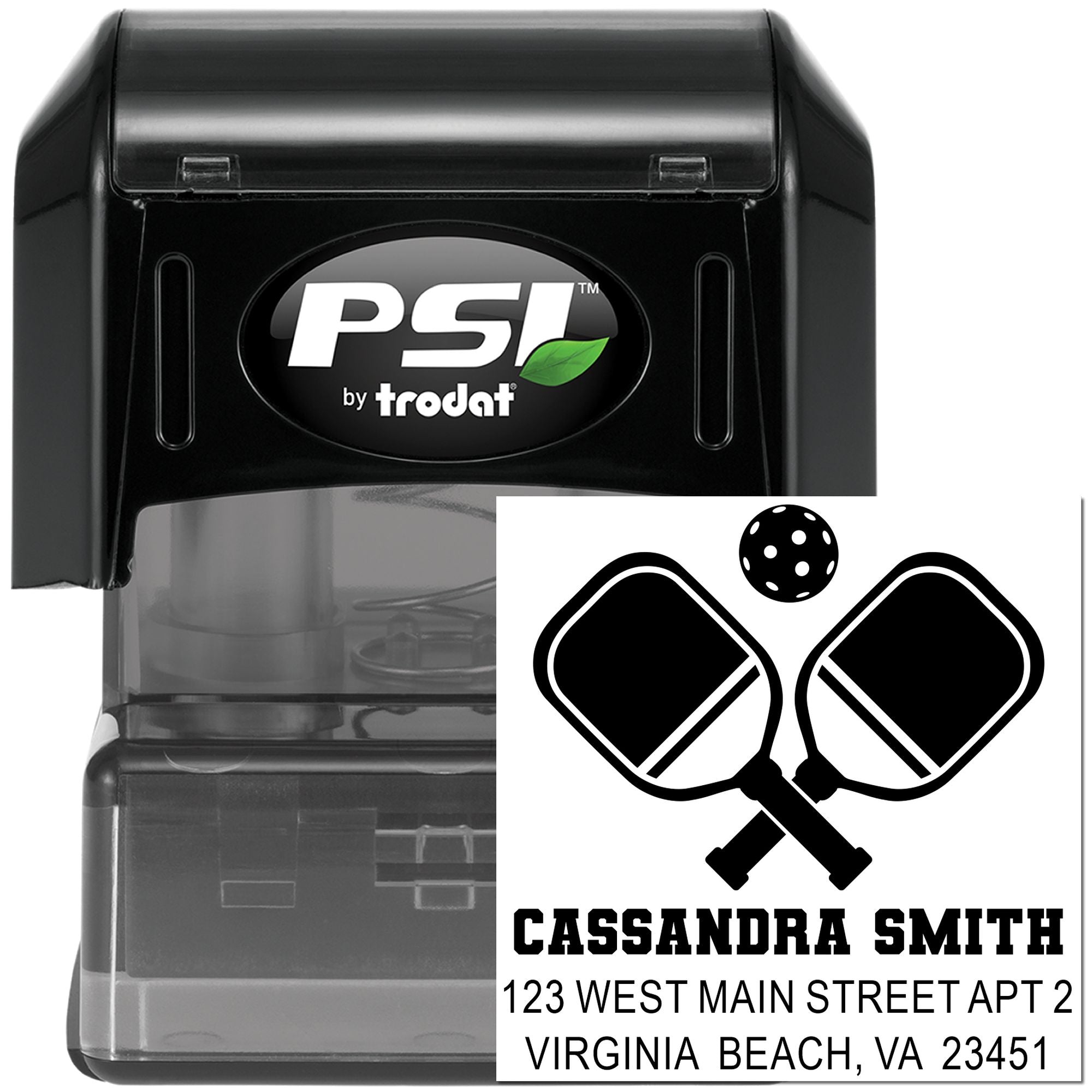 PSI by Trodat custom self-inking rubber stamp with pickleball return address design for personalized mailing.