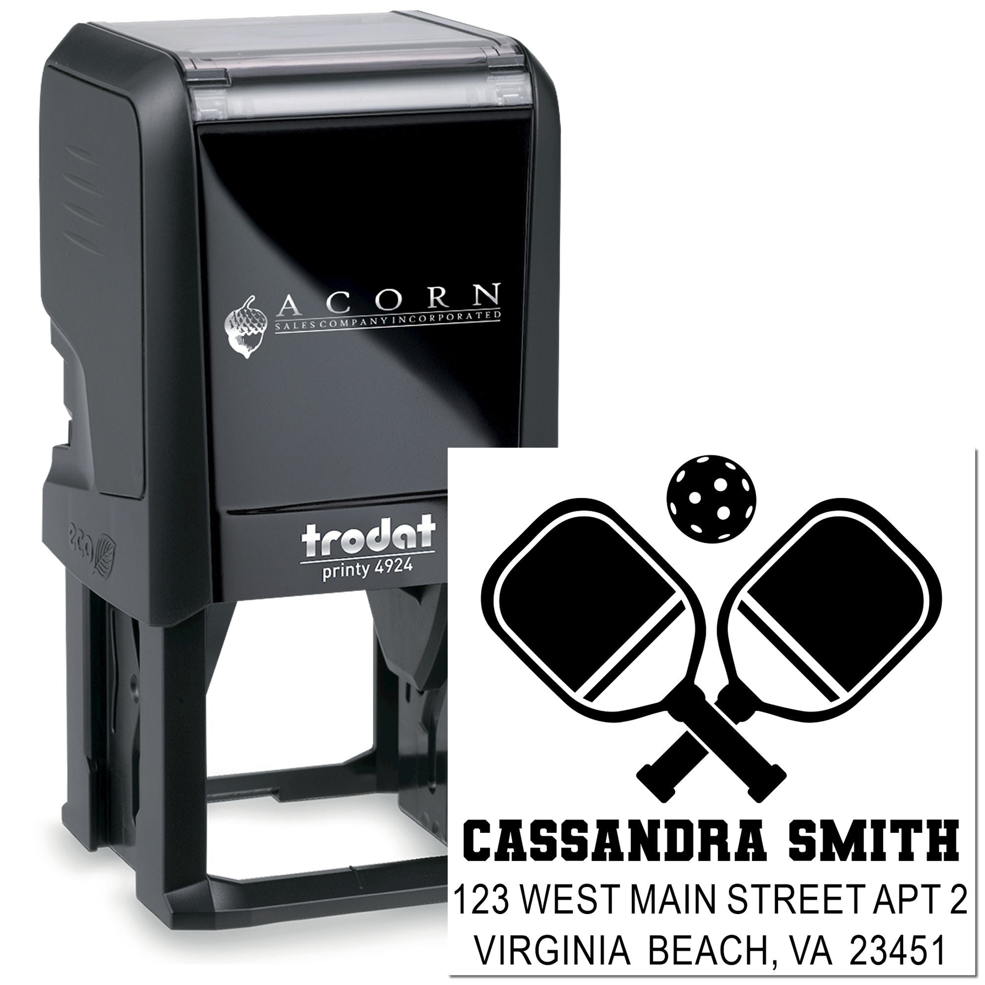 Custom self-inking Trodat Printy 4924 rubber stamp with pickleball paddles, personalized name, and address for mailing labels.