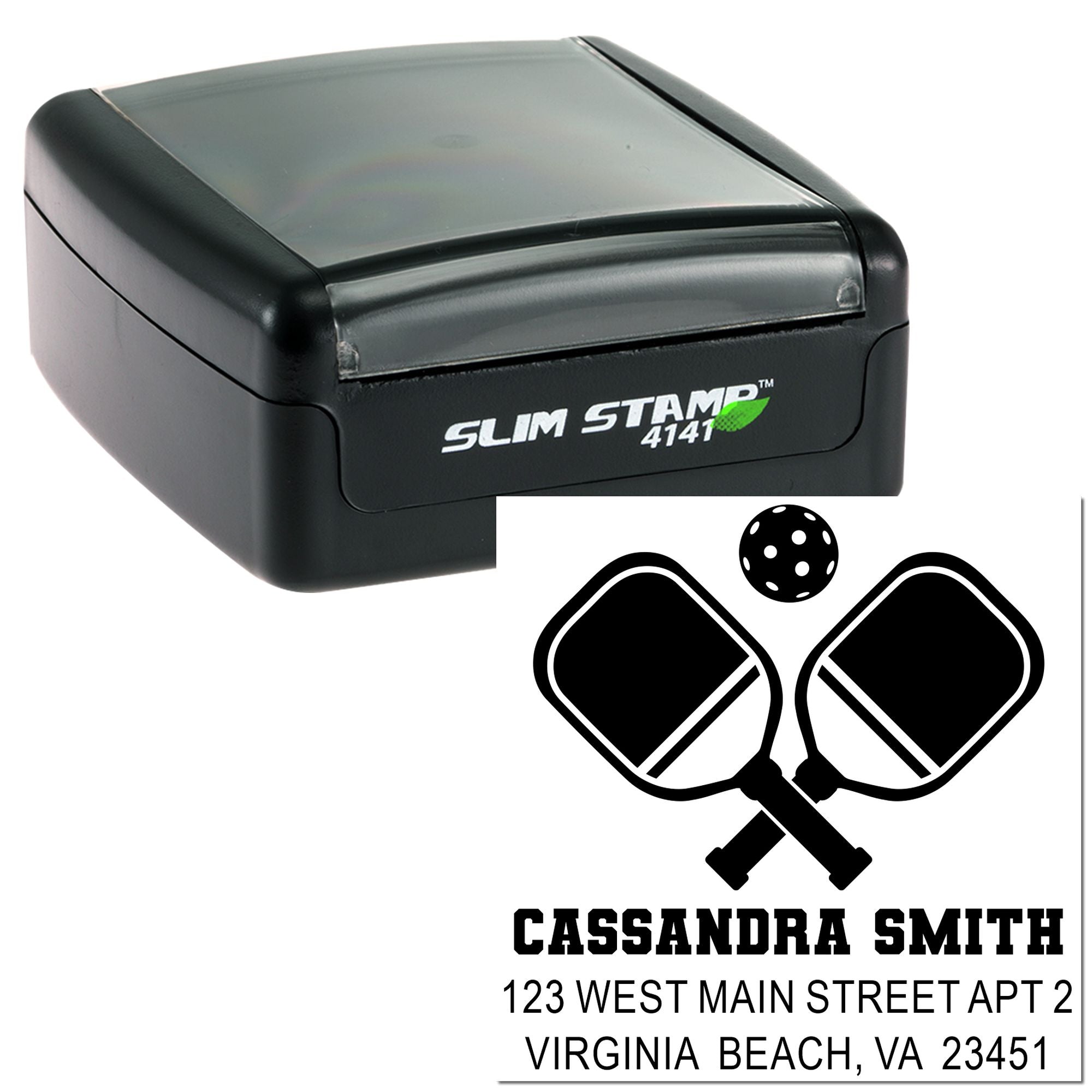 Custom self-inking address rubber stamp with crossed pickleball paddles for Cassandra Smith.