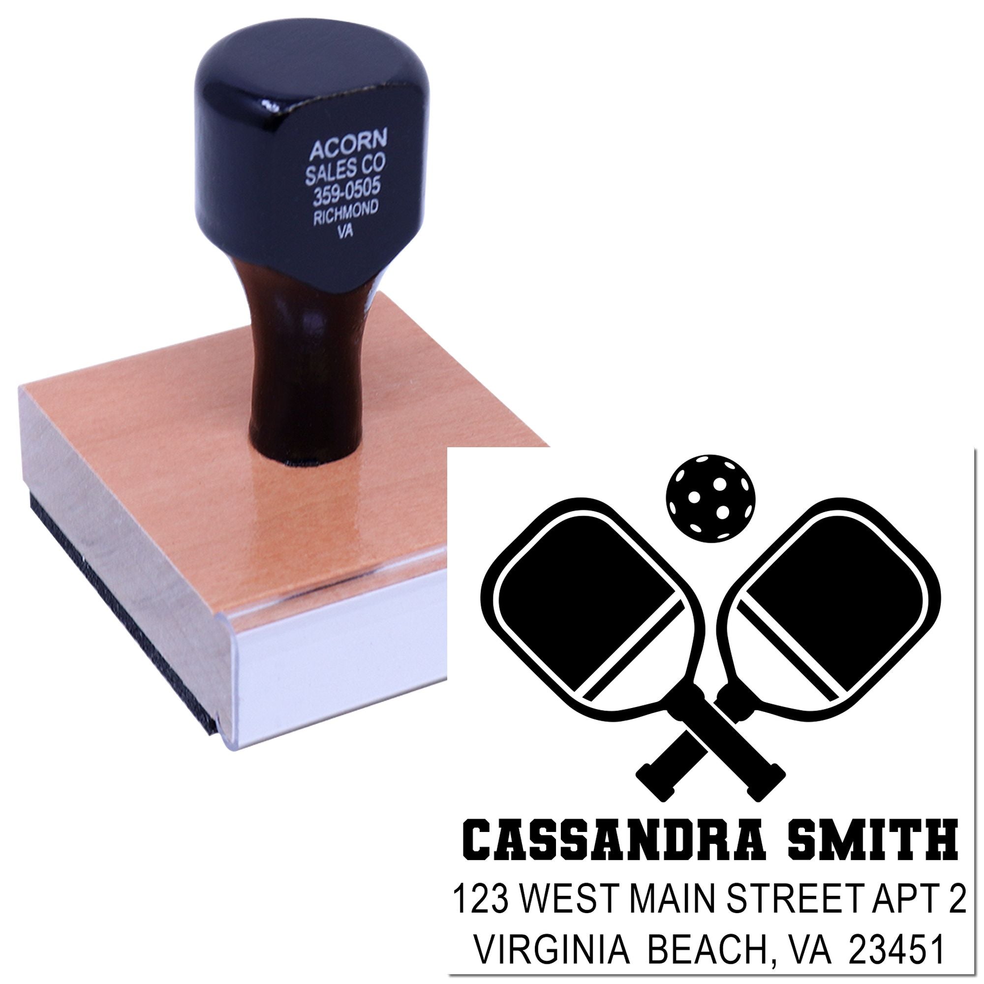 Custom pickleball rubber stamp with crossed paddles, name, and address for personalized mailing and sports gifts.