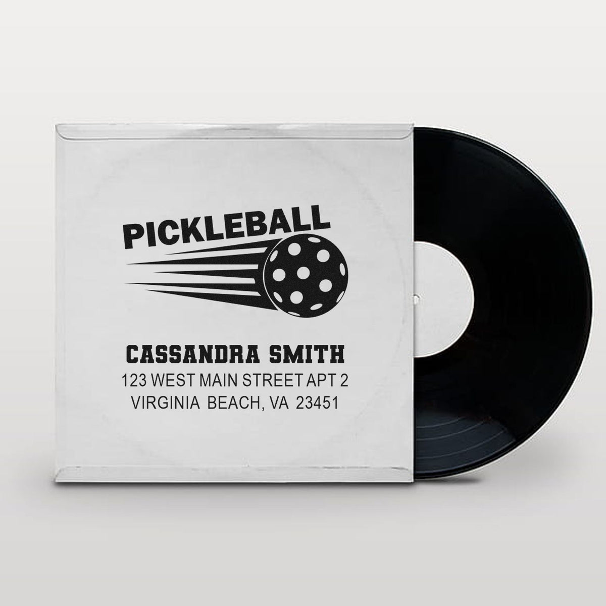 Custom pickleball return address rubber stamp with name and Virginia Beach, VA address for personalized mailing labels